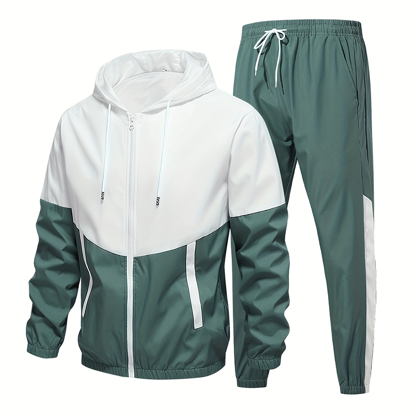 

Preppy Style Men's Tracksuit Set - 100% Polyester Hooded Jacket And Long Pants, Solid Color Woven Fabric Leisure Athletic Outfits, Non-stretch Regular Fit All-season Track Suit