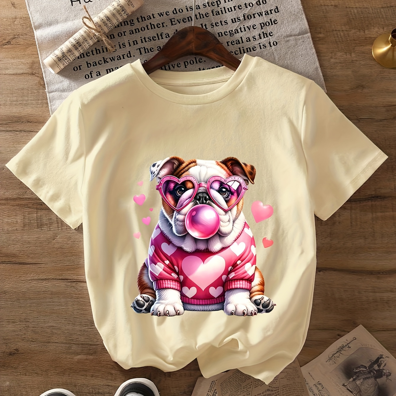 

Bulldog T-shirt, Short Sleeve Crew Neck Casual Top For Summer & Spring, Women's Clothing