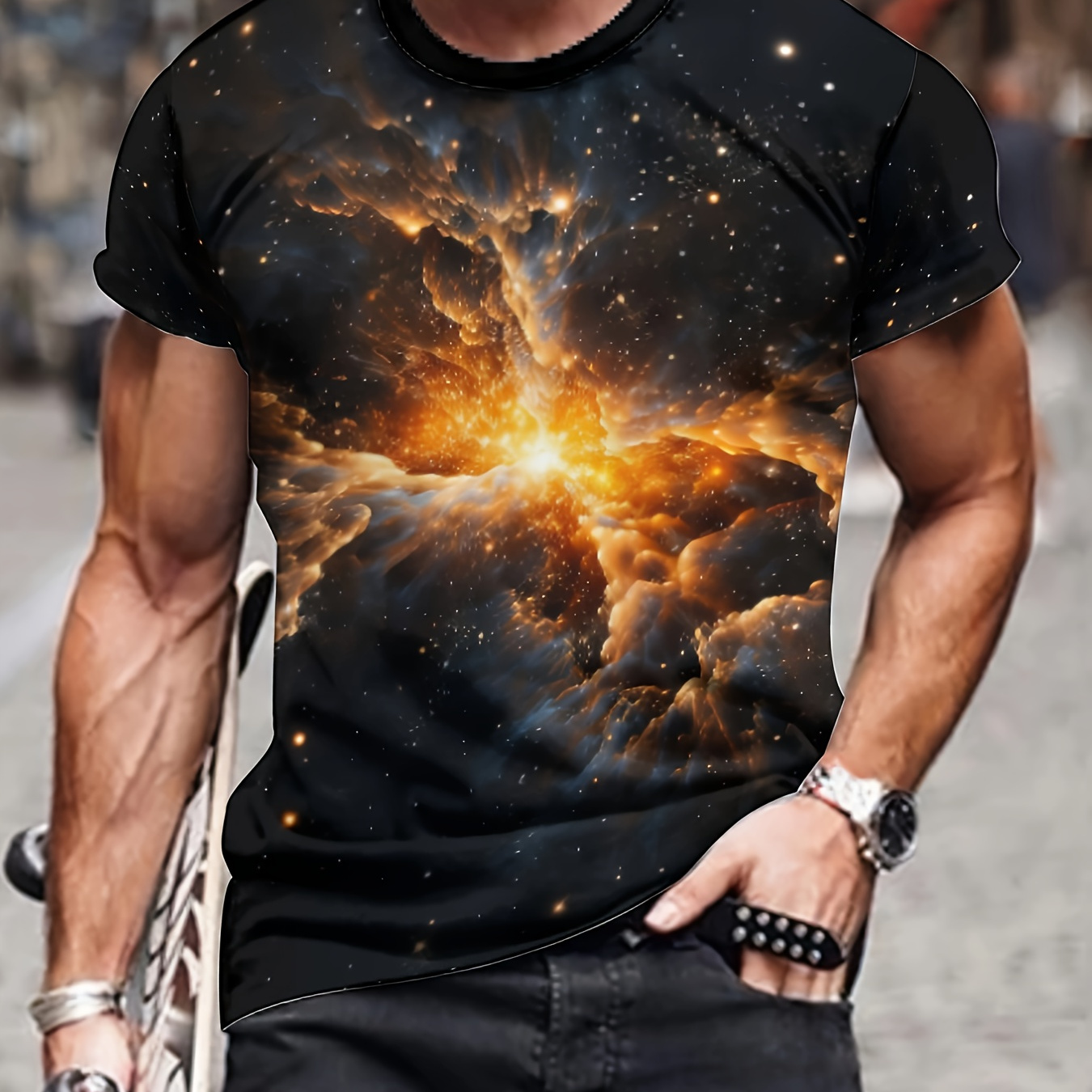 

Starry Night Nebula 3d Digital Pattern Print Men's Graphic T-shirt, Causal Comfy Tees, Short Sleeve Pullover Tops, Men's Summer Outdoor Clothing