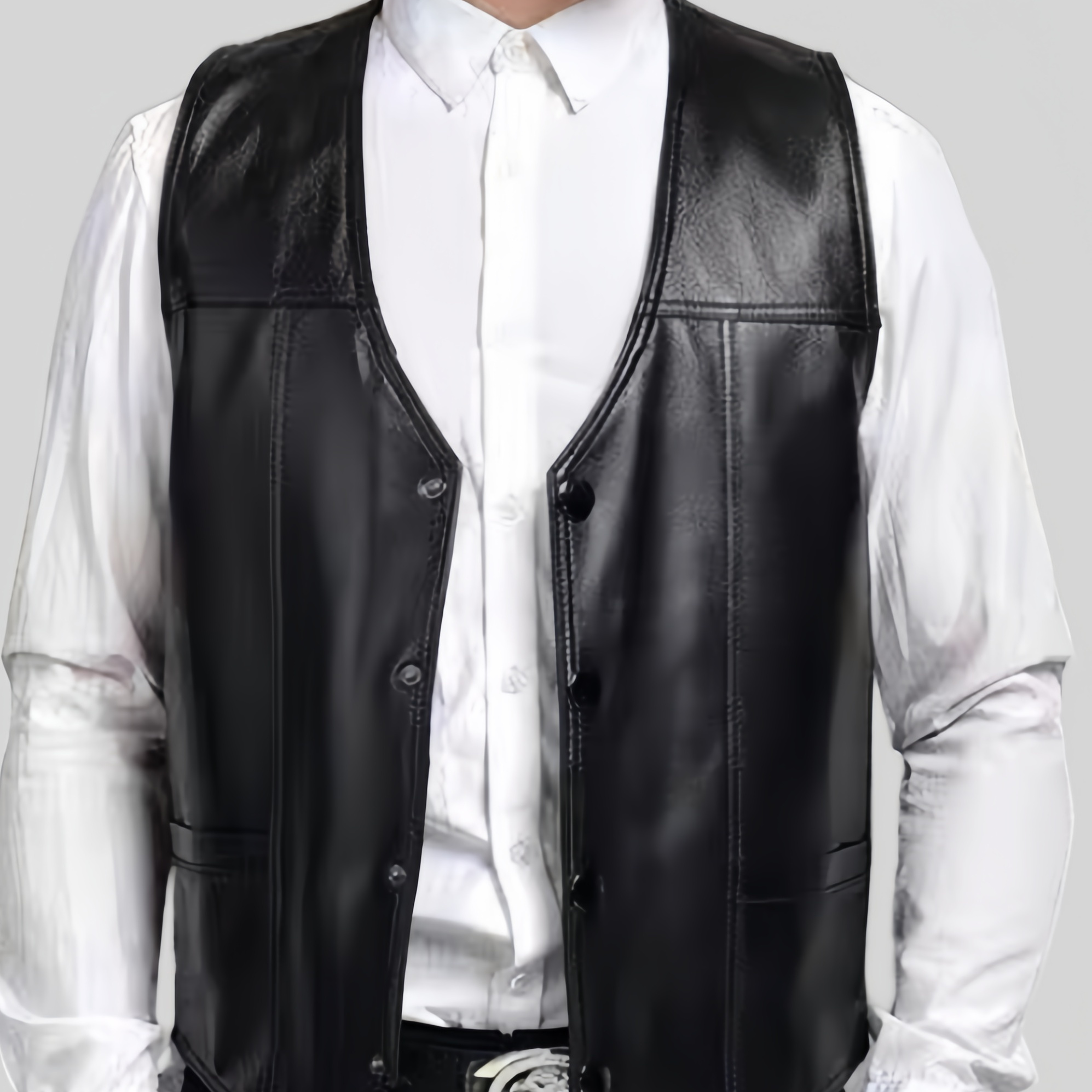 

Men's Solid Pu Leather Deep V-neck Button Up Vest, Trendy And Elegant Tops For Party And Formal Occasions