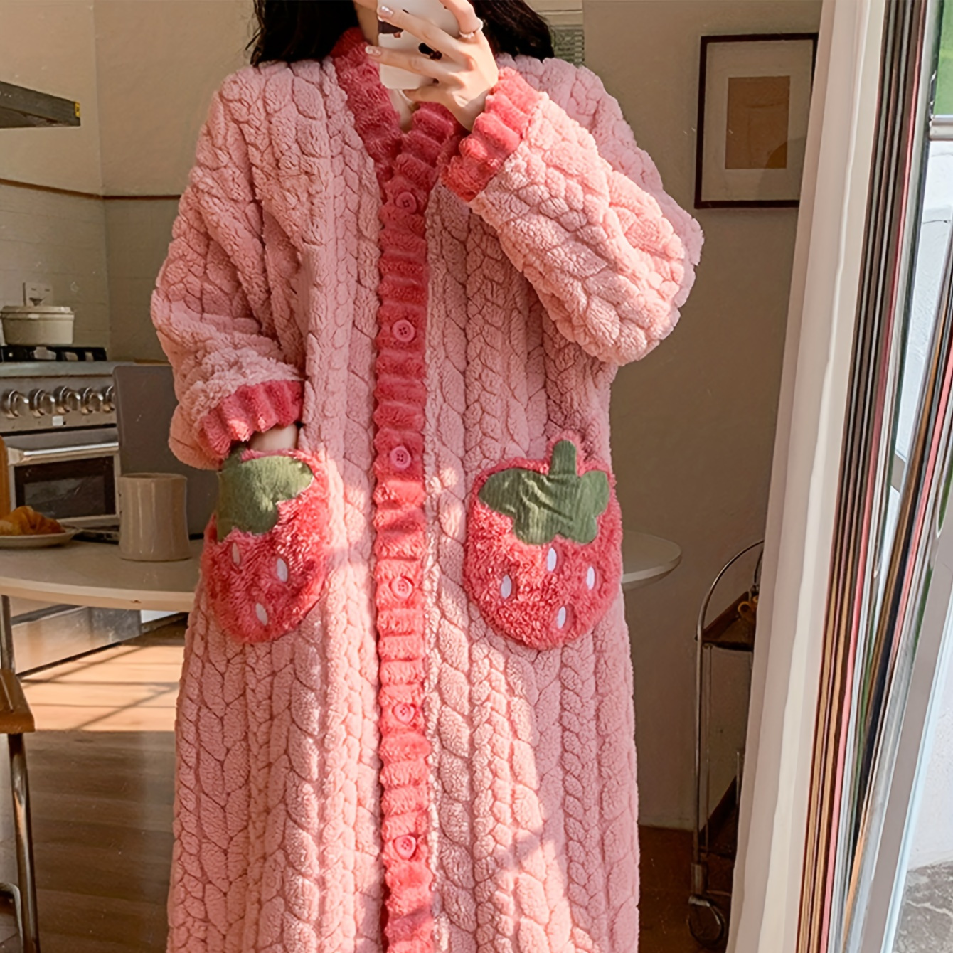 

Women's Mid-length Coral Fleece Robe With Strawberry Pockets, Button-up V-neck, Plush Warm Home Wear, Cozy Thickened Sleepwear, Ideal For Fall & Winter