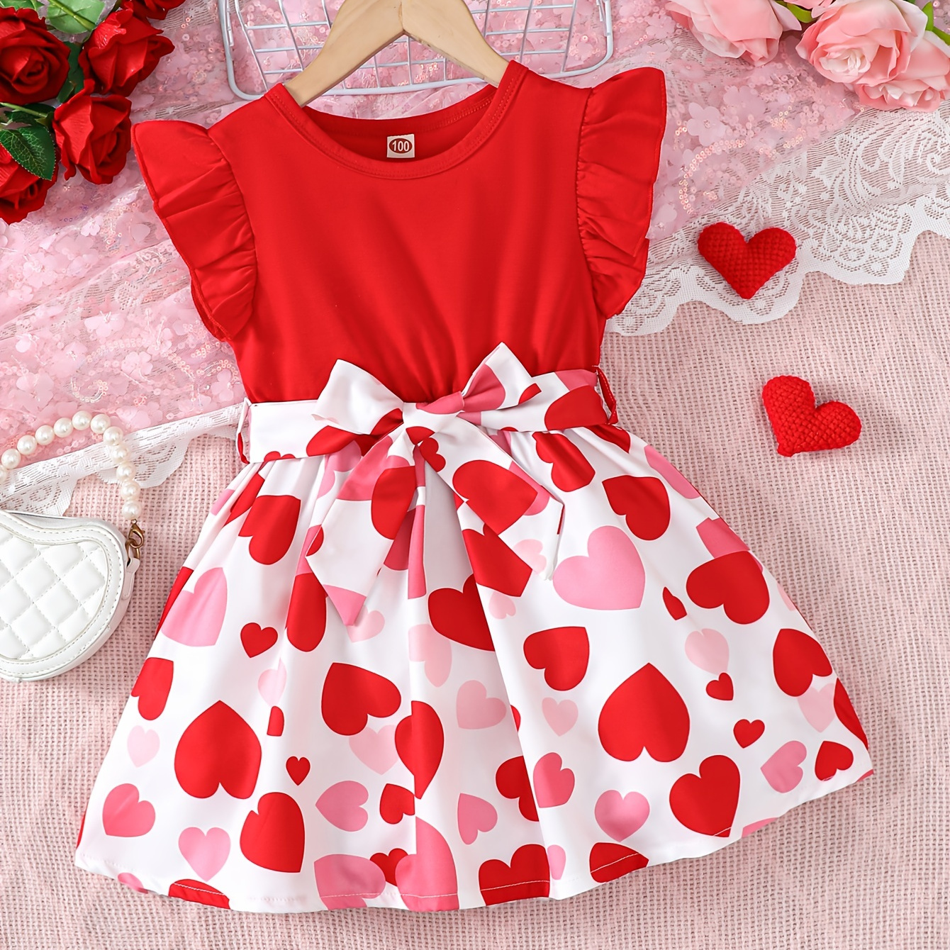 

Sweet Toddler Girls Splicing Heart Graphic Flutter Trim Sleeveless Dress Summer Clothes Valentine's Day Gift