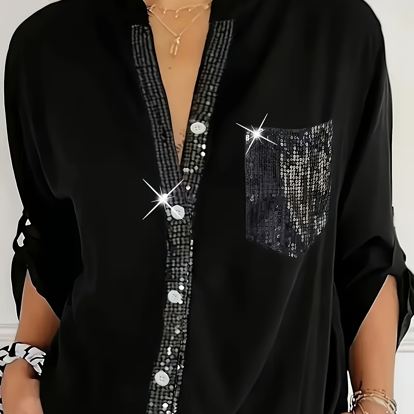 

V-neck Shirt With Contrasting Sequin , Solid Color Long-sleeved Shirt, Casual Loose Fit For Women, Spring And Autumn Season, Fashionable Irregular Hem, Elegant Sequin Patch, Fabric Button Shirt