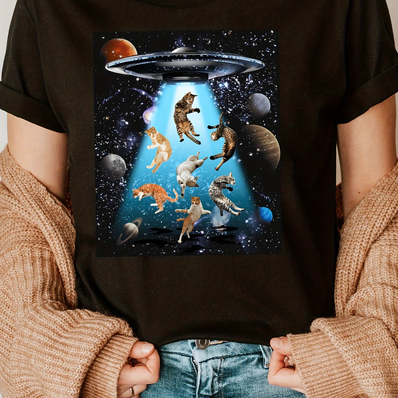 

Galaxy Cat Print Crew Neck T-shirt, Short Sleeve Casual Top For Summer & Spring, Women's Clothing