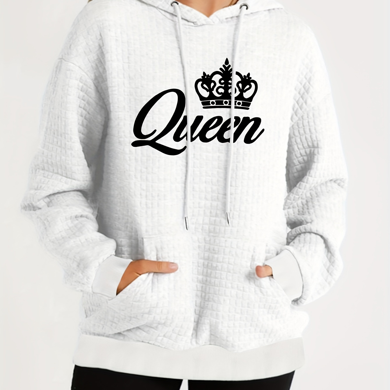 

Plus Size Queen & Crown Print Hoodie, Casual Long Sleeve Pocket Drawstring Hoodies, Women's Plus Size clothing