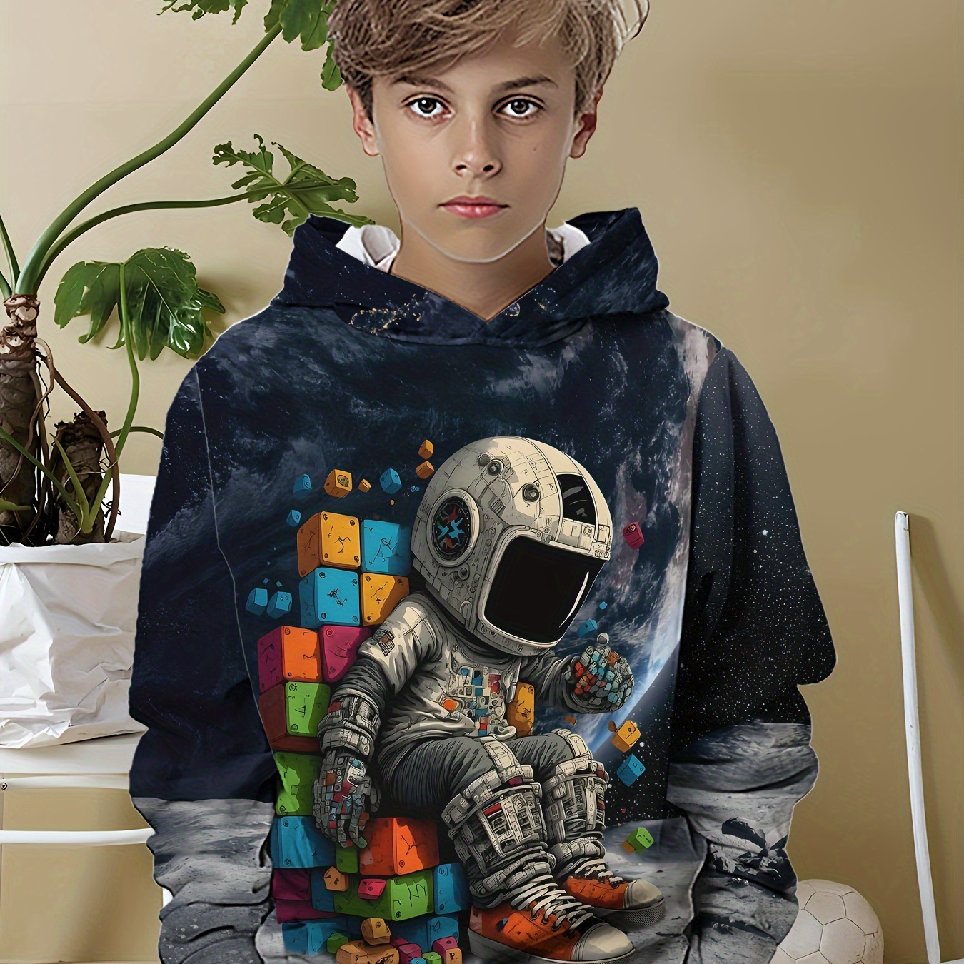 

Boys' Novelty Cartoon Astronaut 3d Print Hoodie - Casual Polyester Blend Space-themed Pullover With Hood, Slight Stretch Fabric, Regular Ages 12 And Under, Suitable For Spring/fall Season