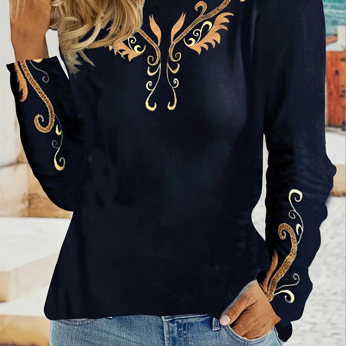 

Floral Pattern Crew Neck T-shirt, Casual Long Sleeve Top For Spring & Fall, Women's Clothing