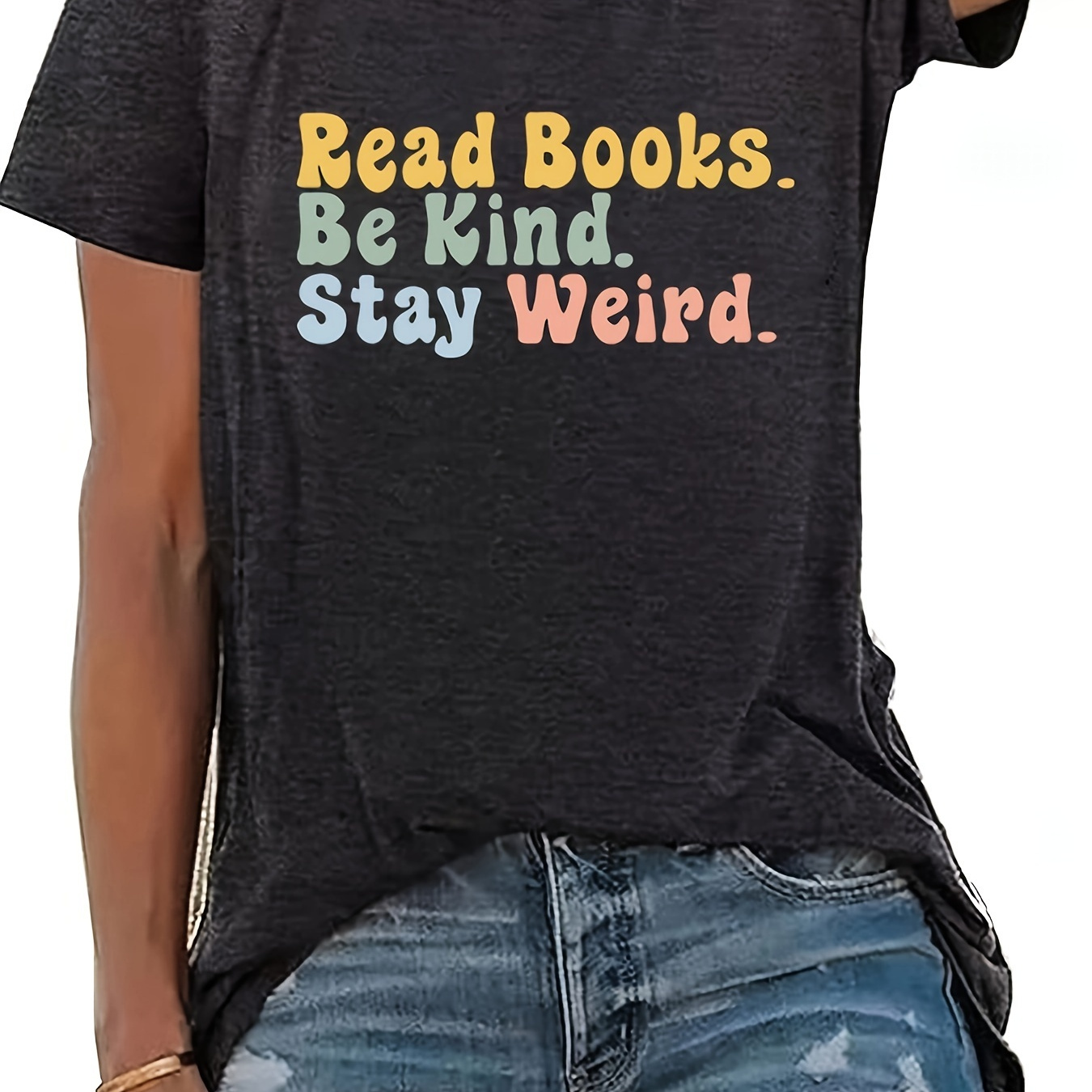 

Plus Size Read Books Print T-shirt, Comfortable Casual Short Sleeve Crew Neck Top For Summer & Spring, Women's Plus Size Clothing