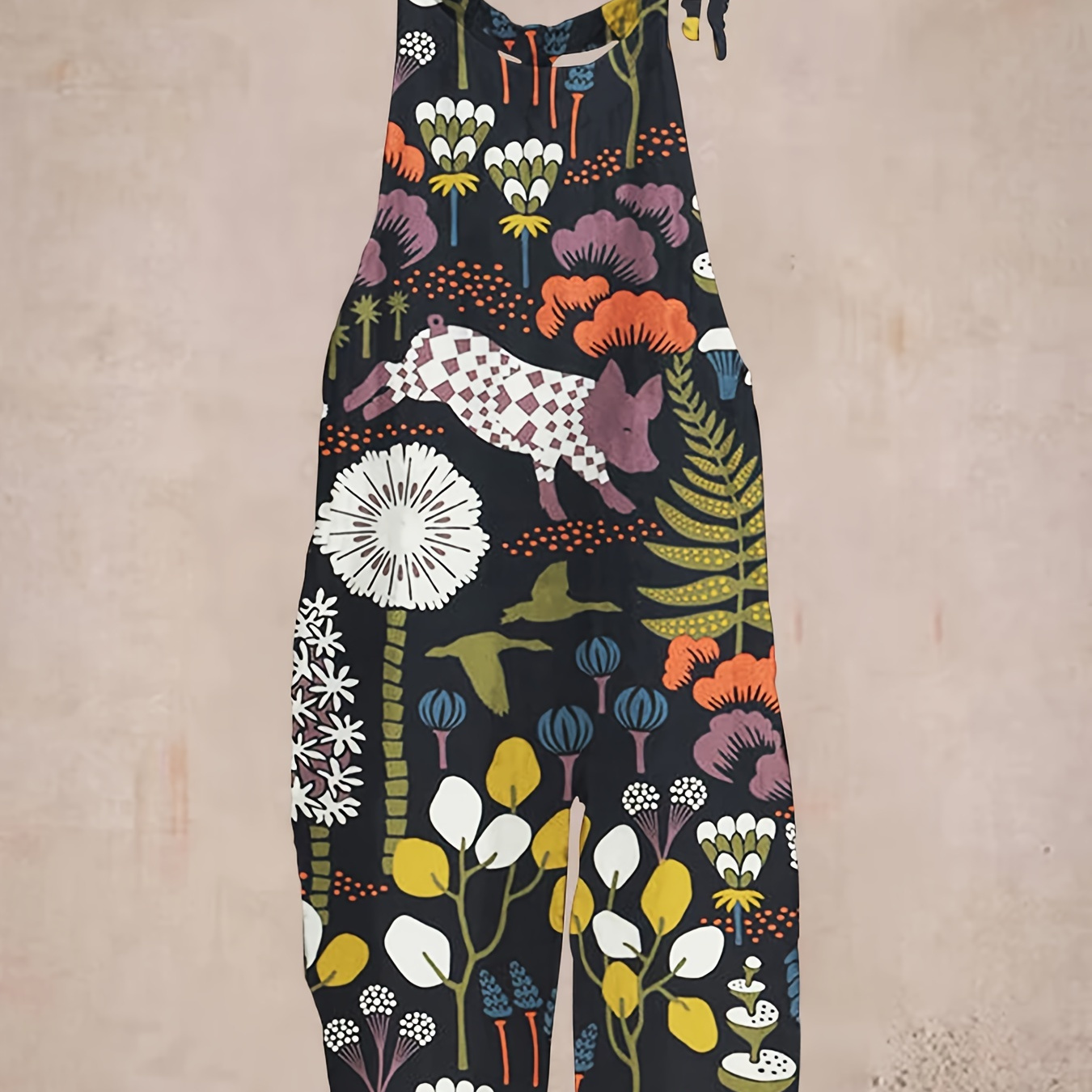 

Floral Print Tie Shoulder Jumpsuit, Casual Sleeveless Loose Jumpsuit For Spring & Summer, Women's Clothing