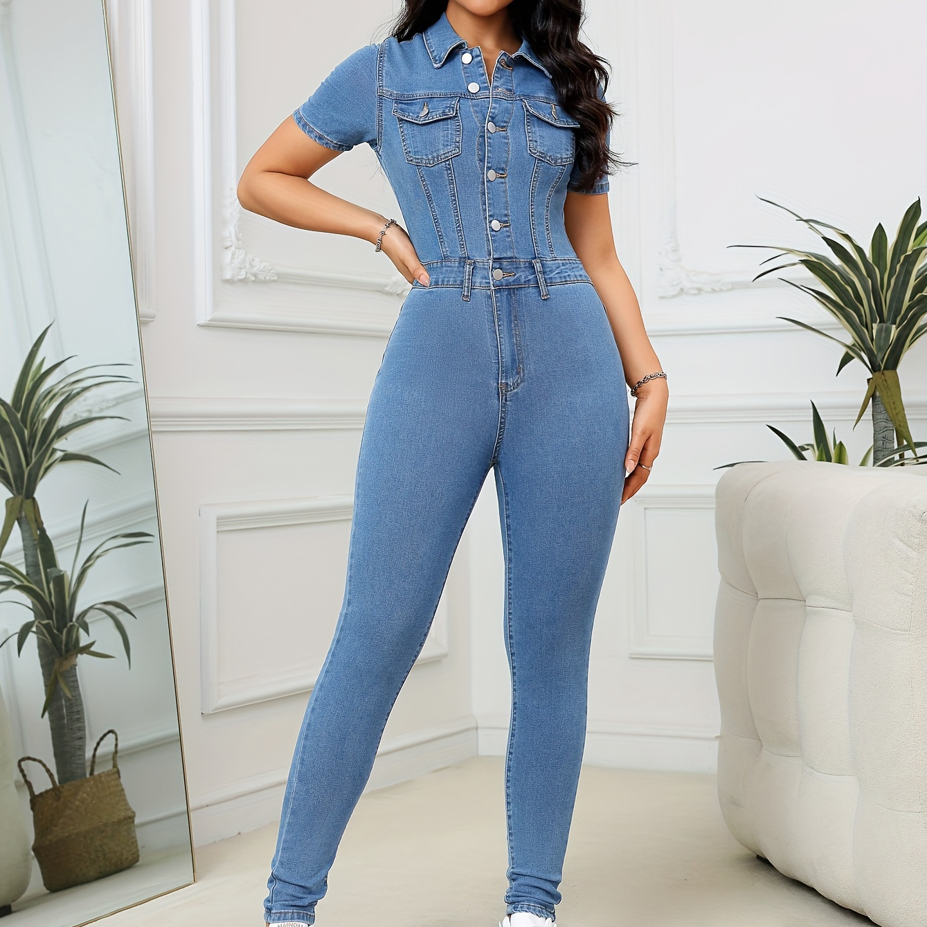 

Women's Sexy Denim Jumpsuit, Slim Fit Jean Romper, Short Sleeve Button-down Stretchy Outfit With Pockets For Casual Wear