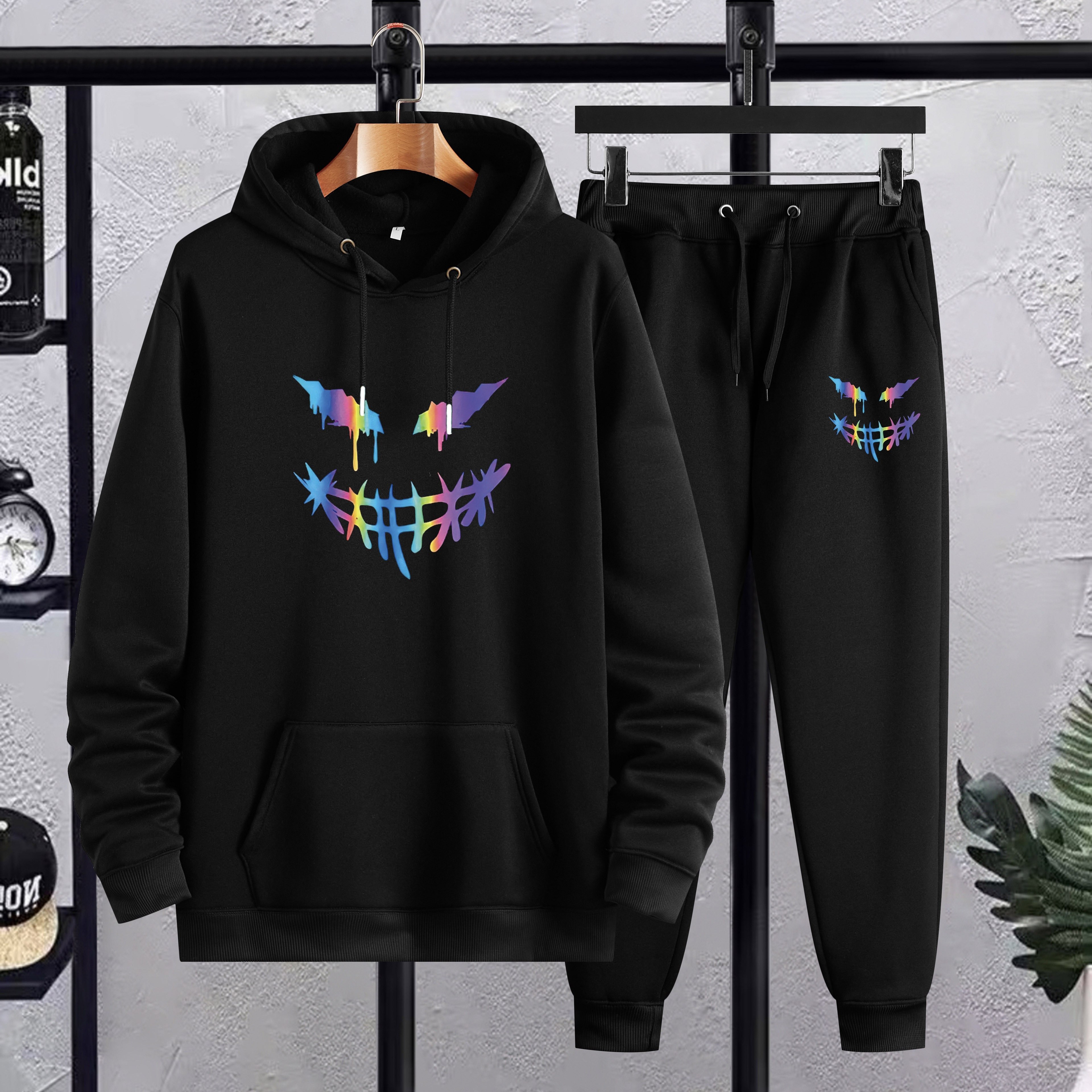 

Plus Size Men's 2pcs Outfits, Halloween Grimace Graphic Print Hooded Sweatshirt & Sweatpants Set For Fall Winter, Men's Clothing