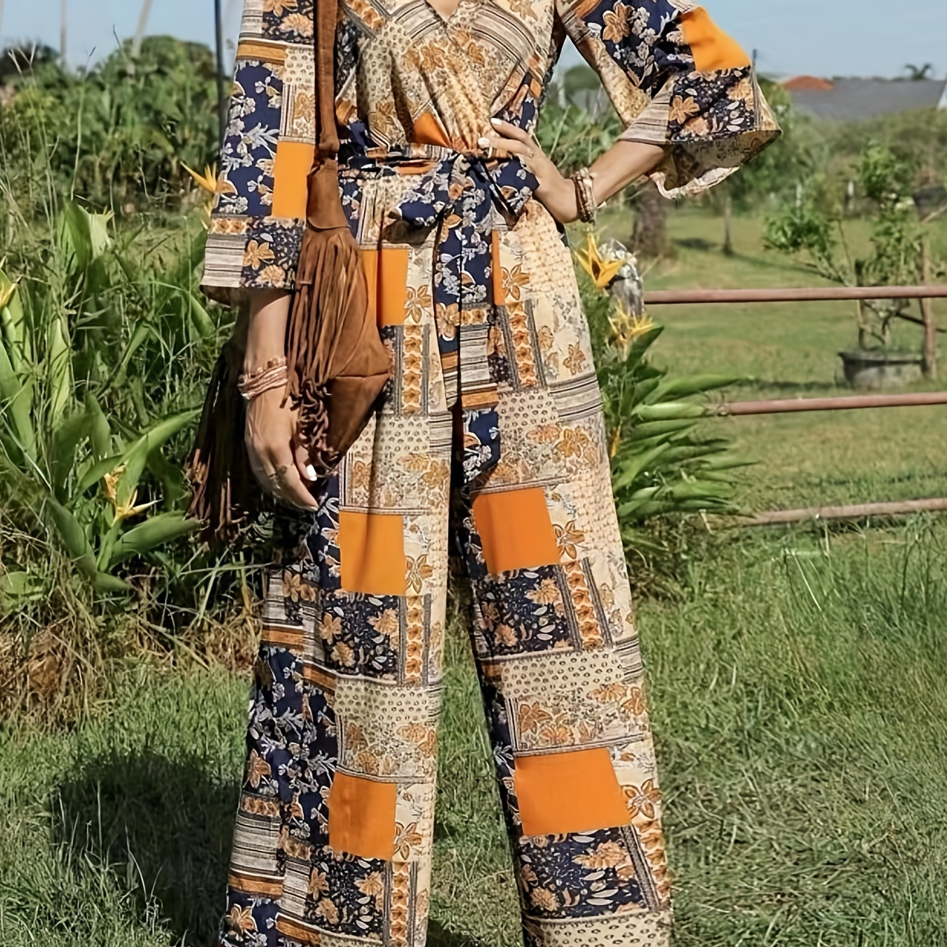

Floral Print Surplice Neck Wide Leg Jumpsuit, Elegant Long Sleeve Belted Loose Jumpsuit, Women's Clothing