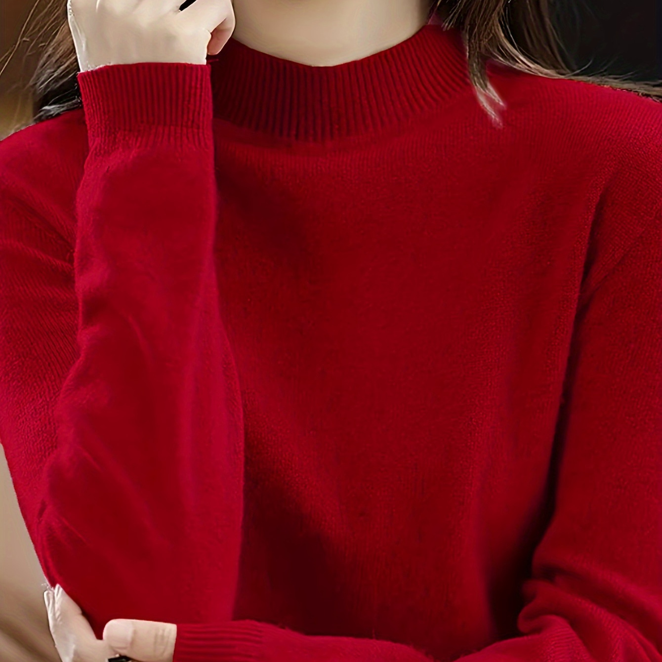 

Fashionable Versatile Half-high Collar Solid Shirt, Spring , Women's Knitted Sweater.