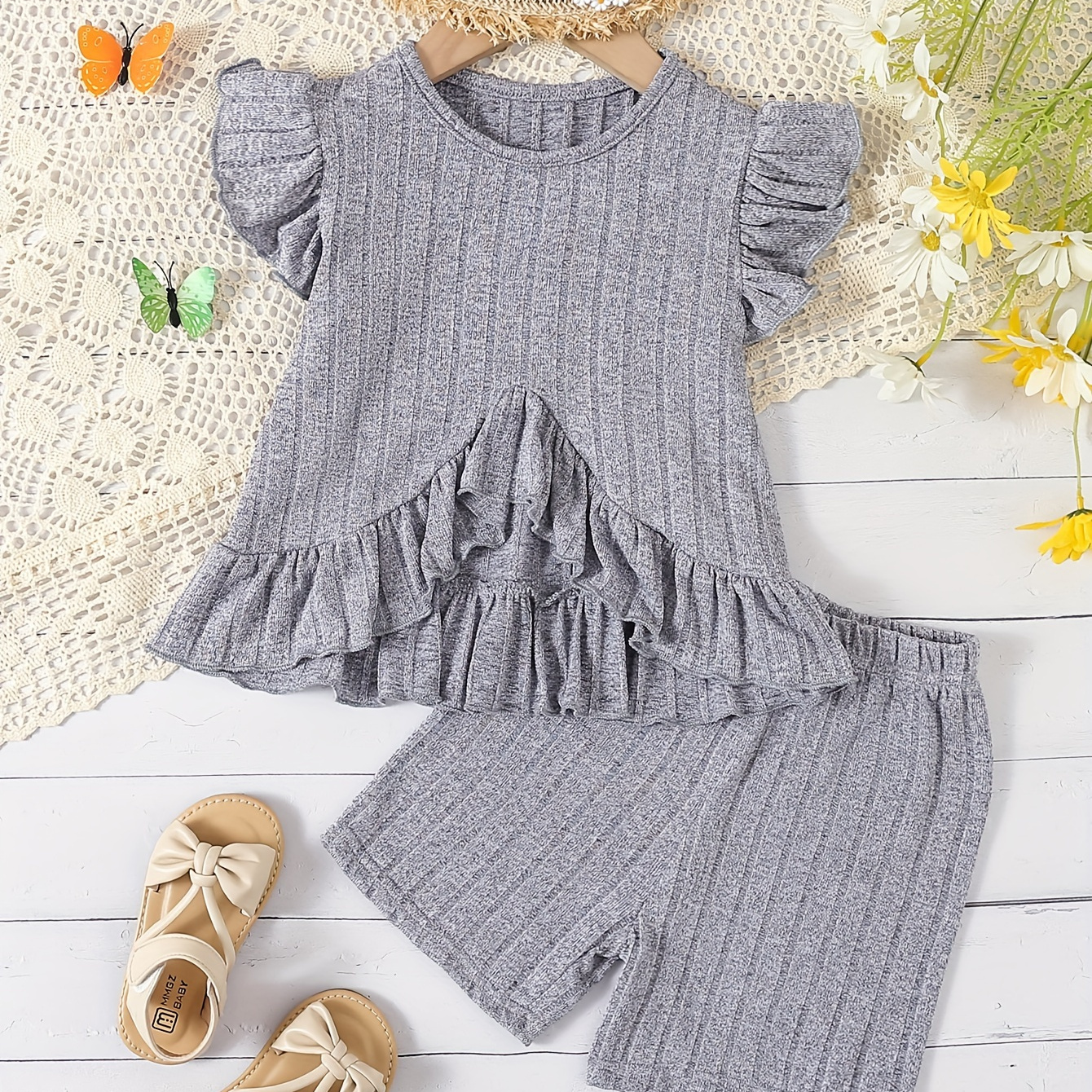 

Sweet Ruffle Girl's Outfit Asymmetric Ribbed Top & Shorts Set, Casual Cute Style 2pcs Summer Clothes