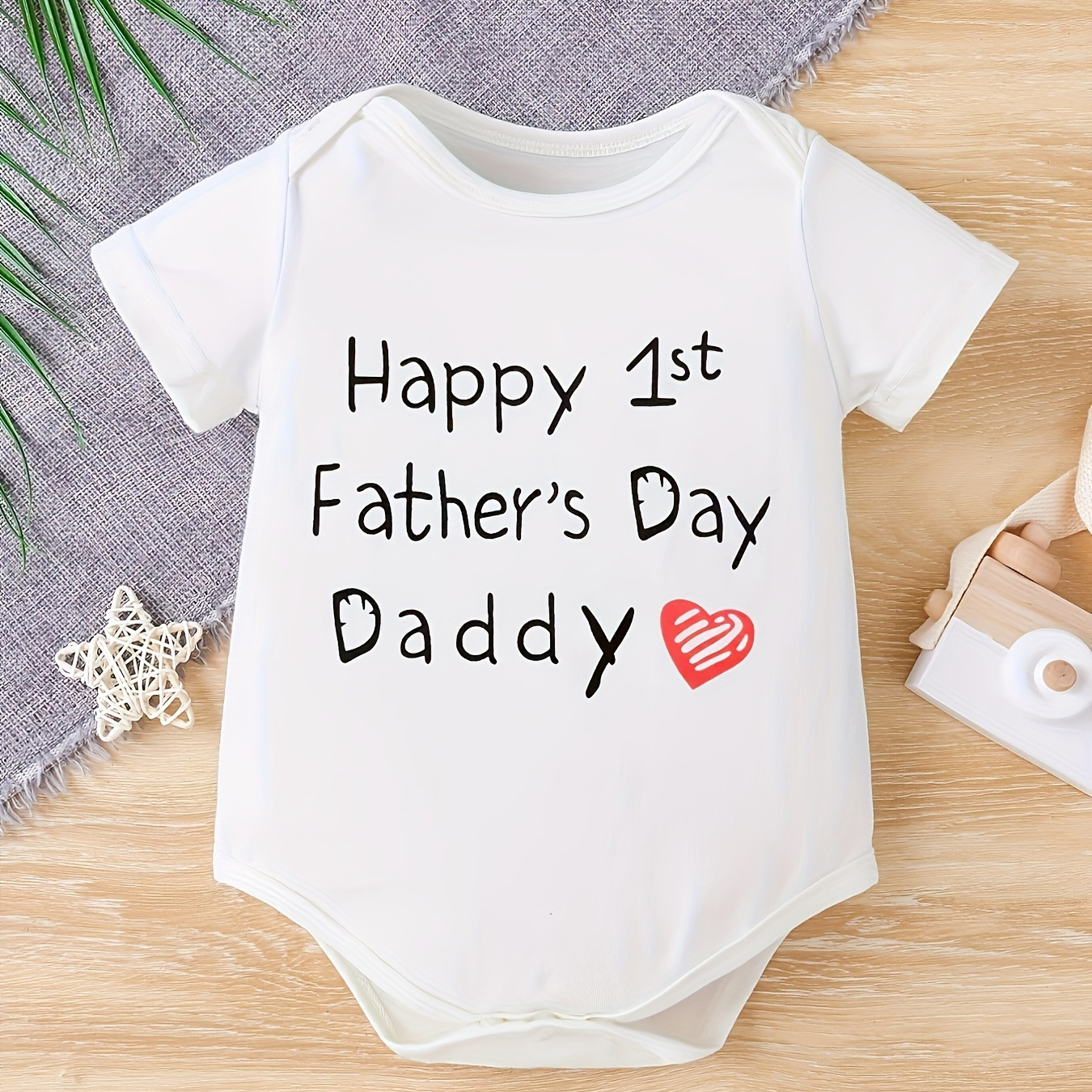 

Infant's "happy 1st Father's Day Daddy" Print Bodysuit, Casual Short Sleeve Onesie, Baby Boy's Clothing