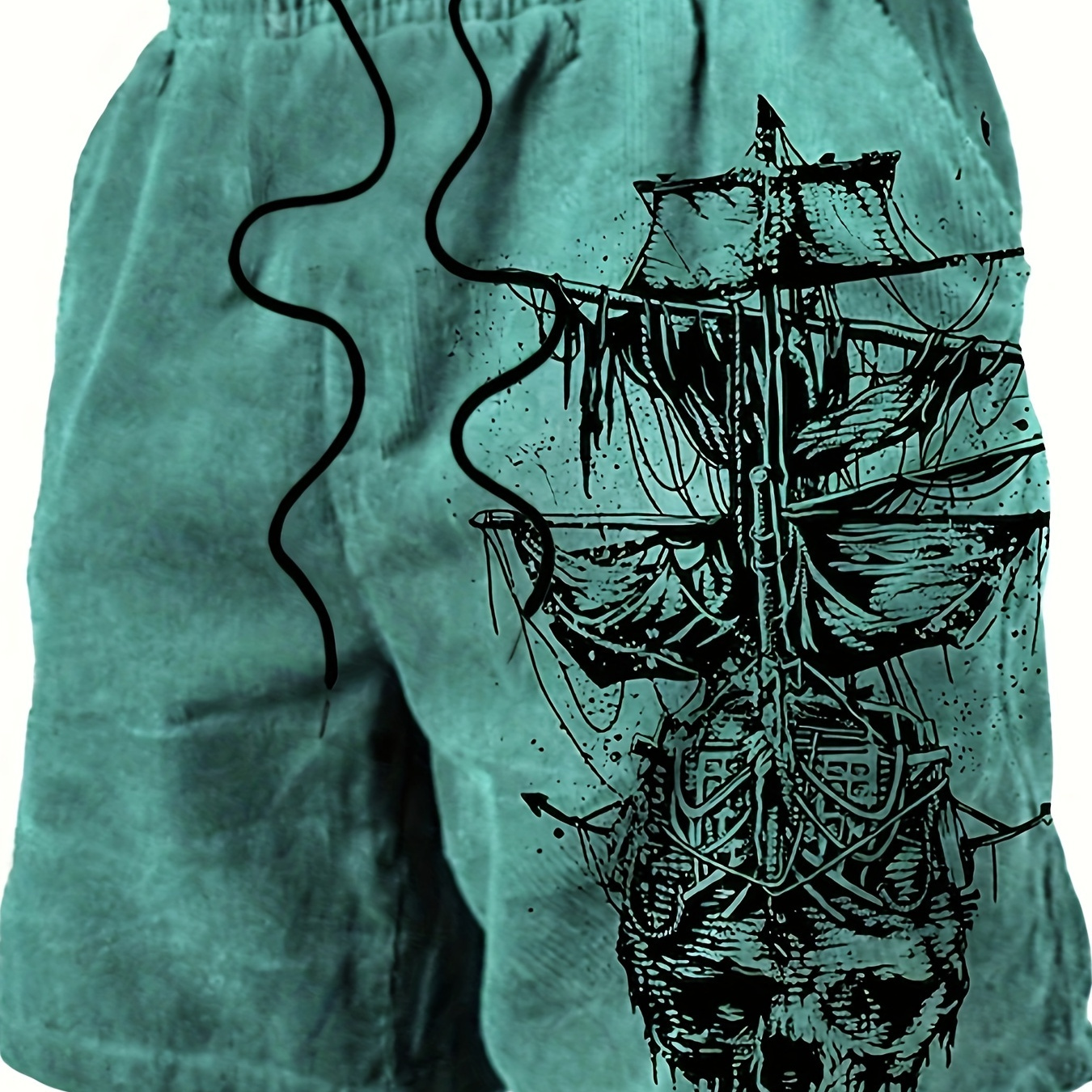 

Men's Trendy Vintage Sailing Ship Pattern Print Active Shorts, Drawstring Beach Shorts For Summer Beach Resort, Hawaiian Shorts