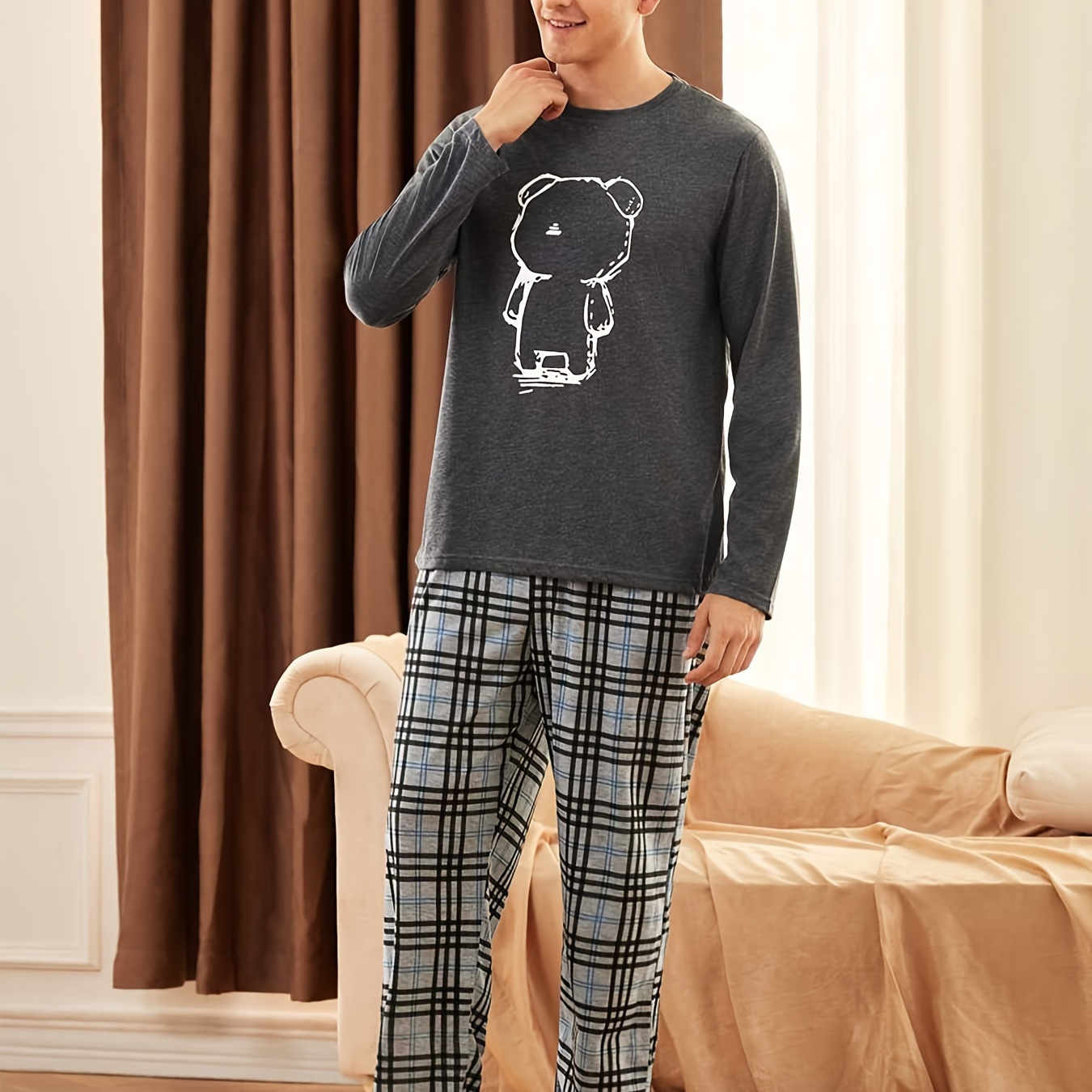 

Ensemble Pyjama pour Hommes avec Haut à Manches Longues Imprimé Cartoon Confortable & Pantalon à Carreaux - Polyester , Lavable en Machine