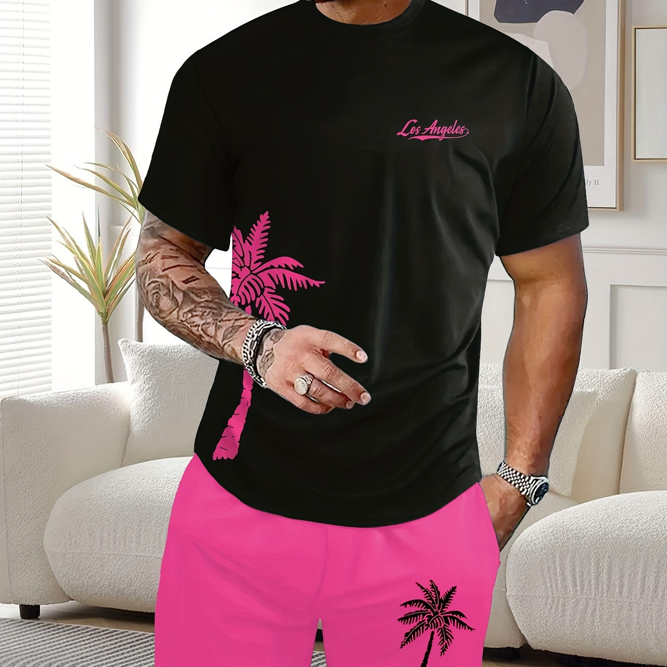 

2 Pcs Men's Coconut Tree Print Casual Round Neck Short Sleeve T-shirts & Elastic Waist Shorts Pajama Sets, Comfortable & Skin-friendly Style Pajamas For Men's Cozy Loungewear