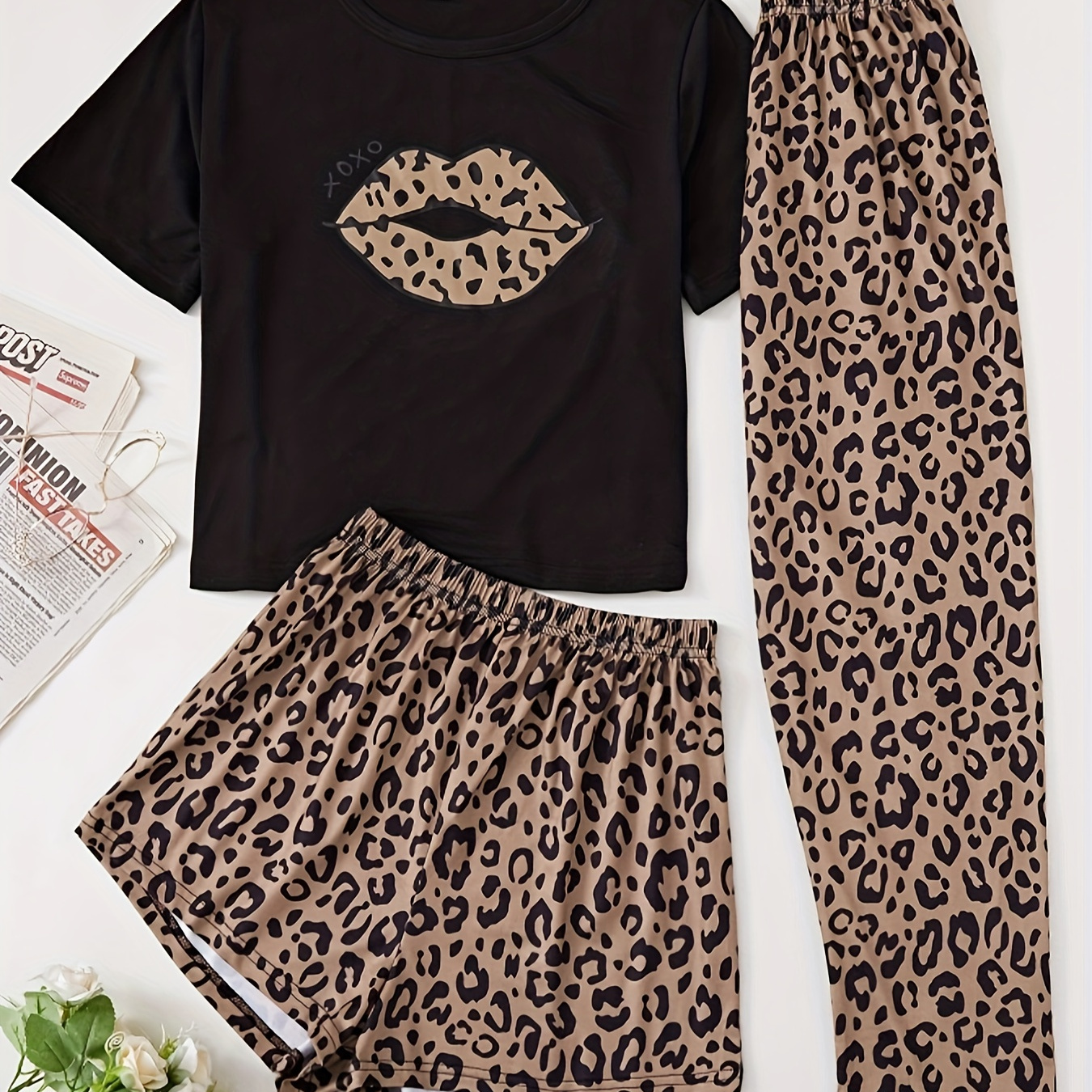 

Casual Leopard Lip Print Pajama Set, Cozy Short Sleeve Round Neck Top & Pants & Shorts, Women's Sleepwear & Loungewear