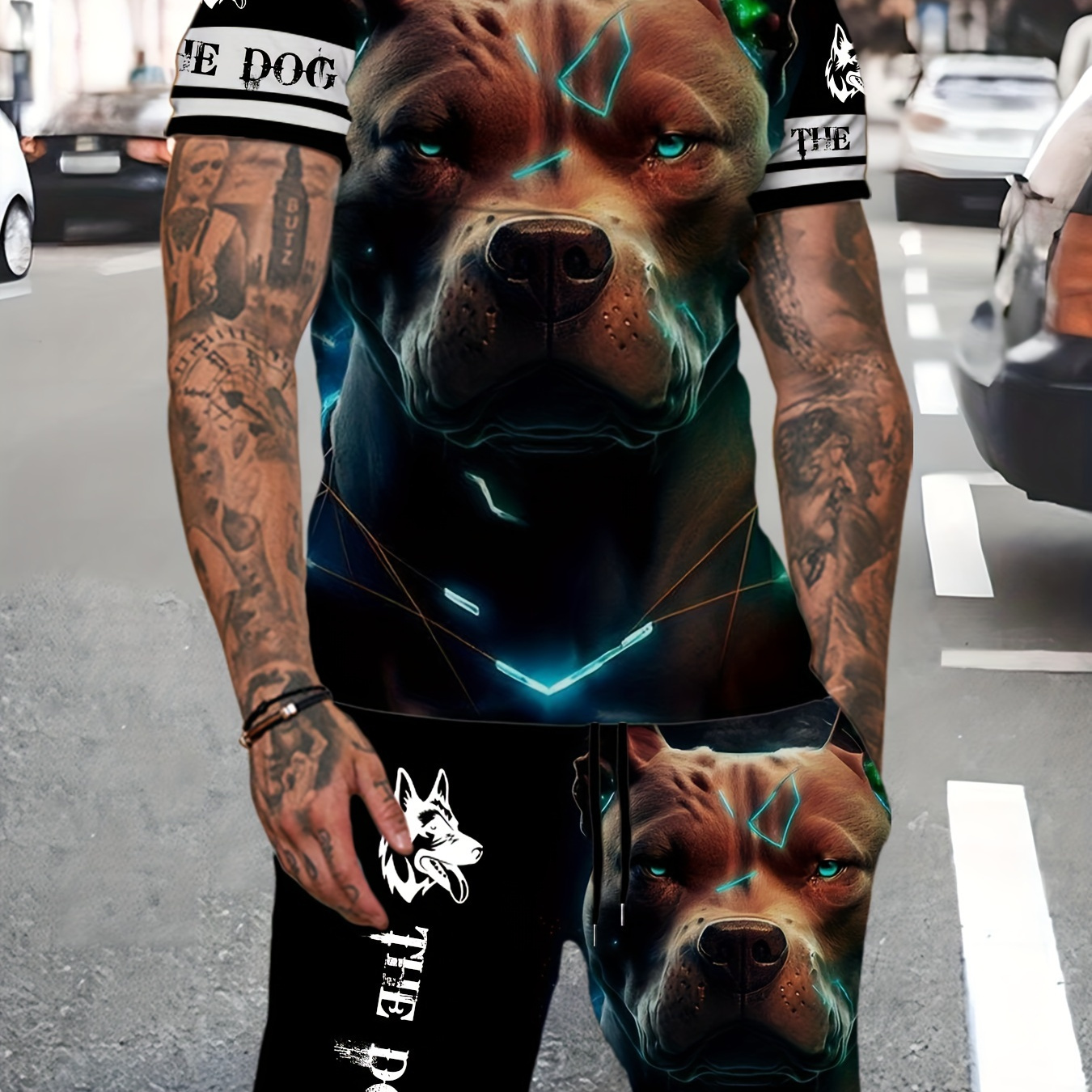 

2-piece Men's Novelty Dog 3d Digital Print Outfit Set, Men's Graphic Short Sleeve T-shirt & Pocket Shorts Set, Summer Outdoor