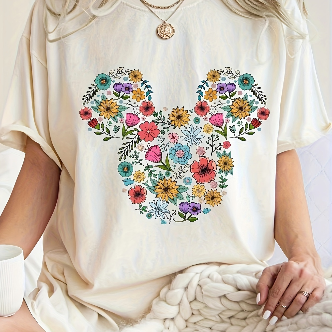 

Floral Print Crew Neck T-shirt, Casual Short Sleeve T-shirt For Spring & Summer, Women's Clothing