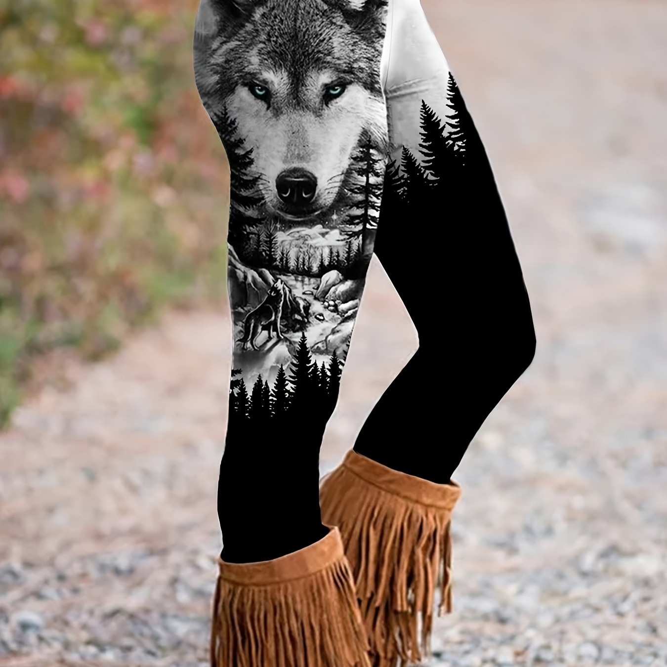 

Wolf & Forest Print Skinny Leggings, Casual Elastic Waist Stretchy Leggings, Women's Clothing