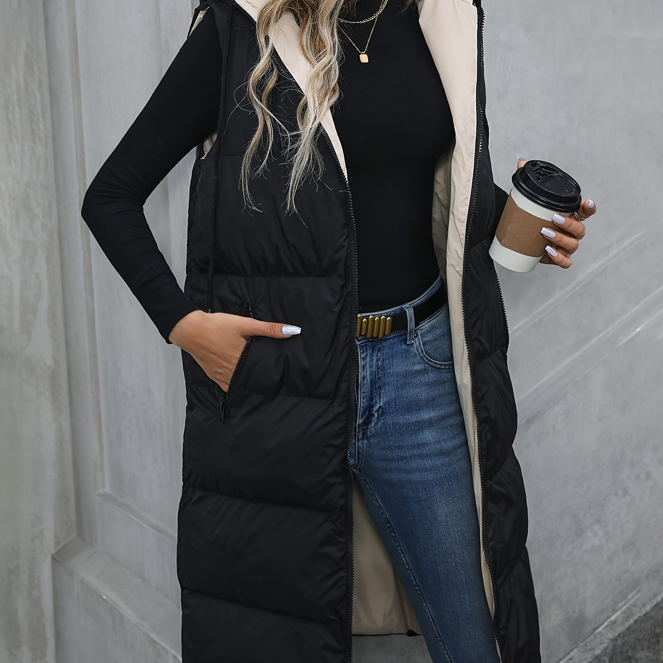 

Hooded Zip Up Long Length Vest, Casual Drawstring Solid Sleeveless Outerwear For Winter, Women's Clothing