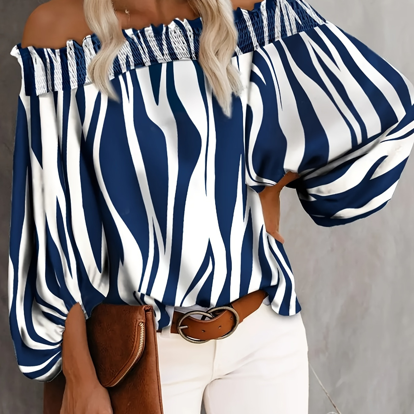 

Off Shoulder Striped Blouse, Casual Lantern Sleeve Comfy Blouse, Women's Clothing