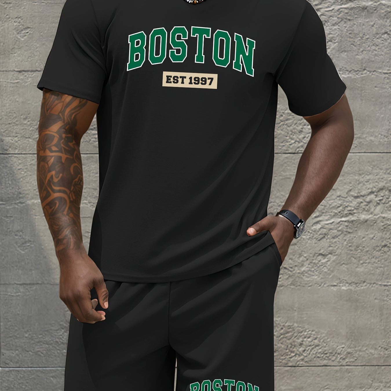 

2pcs/set Men's Waffle Check Pattern Short-sleeve Set, Green "boston" Print Crew Neck T-shirt, Comfy Drawstring Shorts, Cozy Clothing For Casual Sports, Ideal Gift For Husband