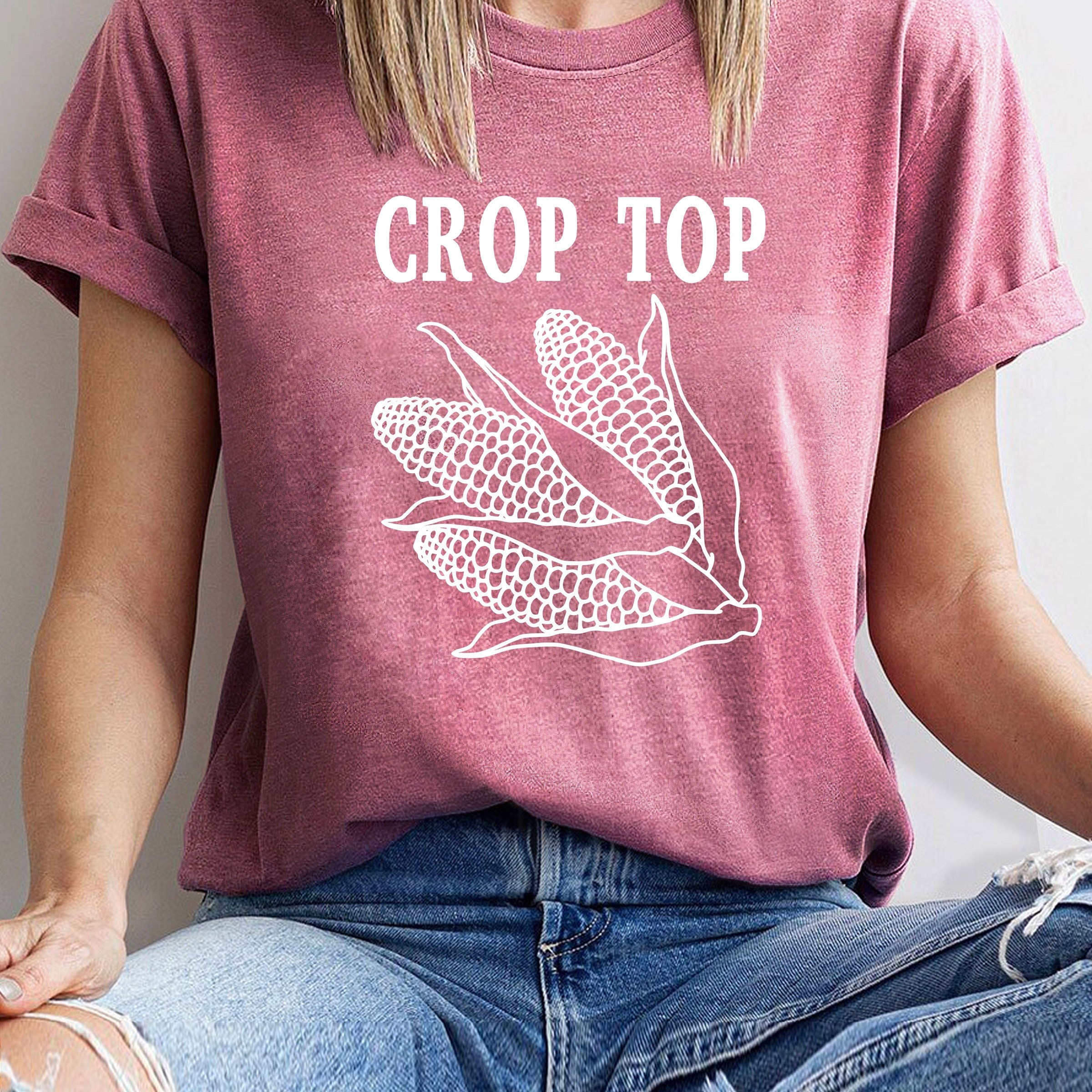 

Women's Crop Top T-shirt With Corn Print, Fashionable Vintage-inspired Casual Sporty Tee, Round Neck, Short Sleeve