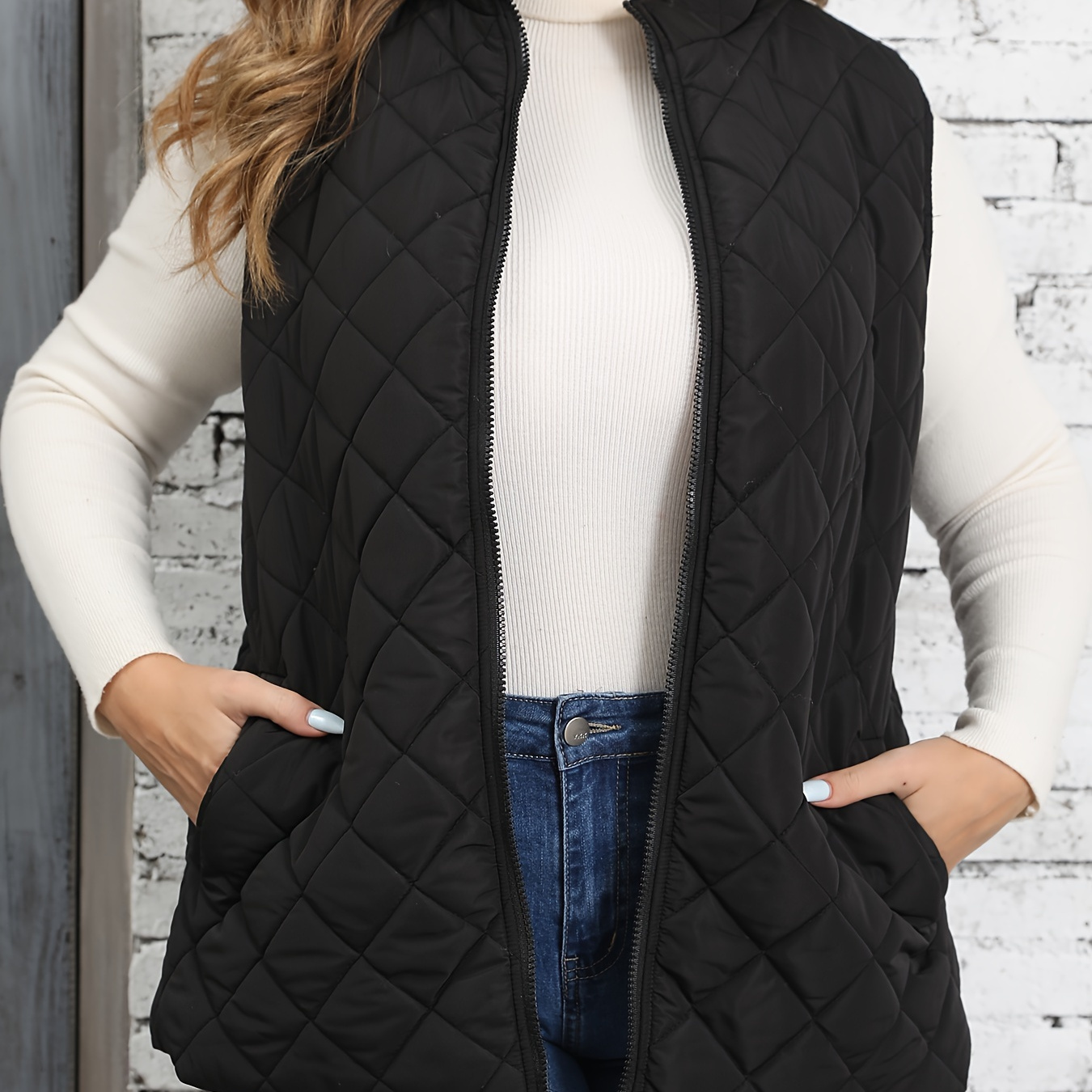 

Plus Size Quilted Zip Up Vest Coat, Casual Sleeveless Slant Pockets Gilet Jacket For Fall & Winter, Women's Plus Size Clothing