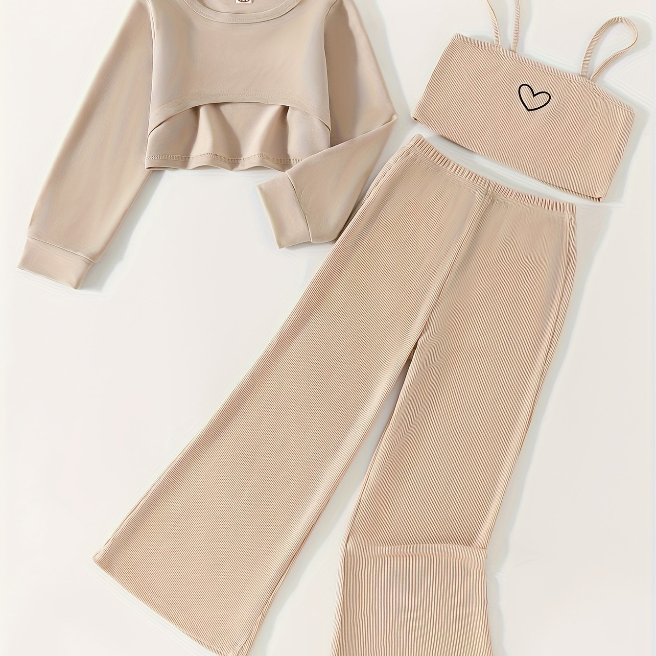 

Girls 3pcs, Cropped Long Sleeve Pullover + Heart Graphic Cami Top + Flare Pants Set For Spring Fall Christmas Gift Party