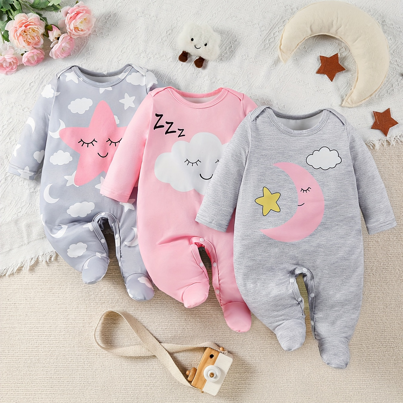 

3pcs Newborn Baby's Cloud Pattern Footed Bodysuit, Casual Long Sleeve Romper, Toddler & Infant Girl's Onesie, As Gift