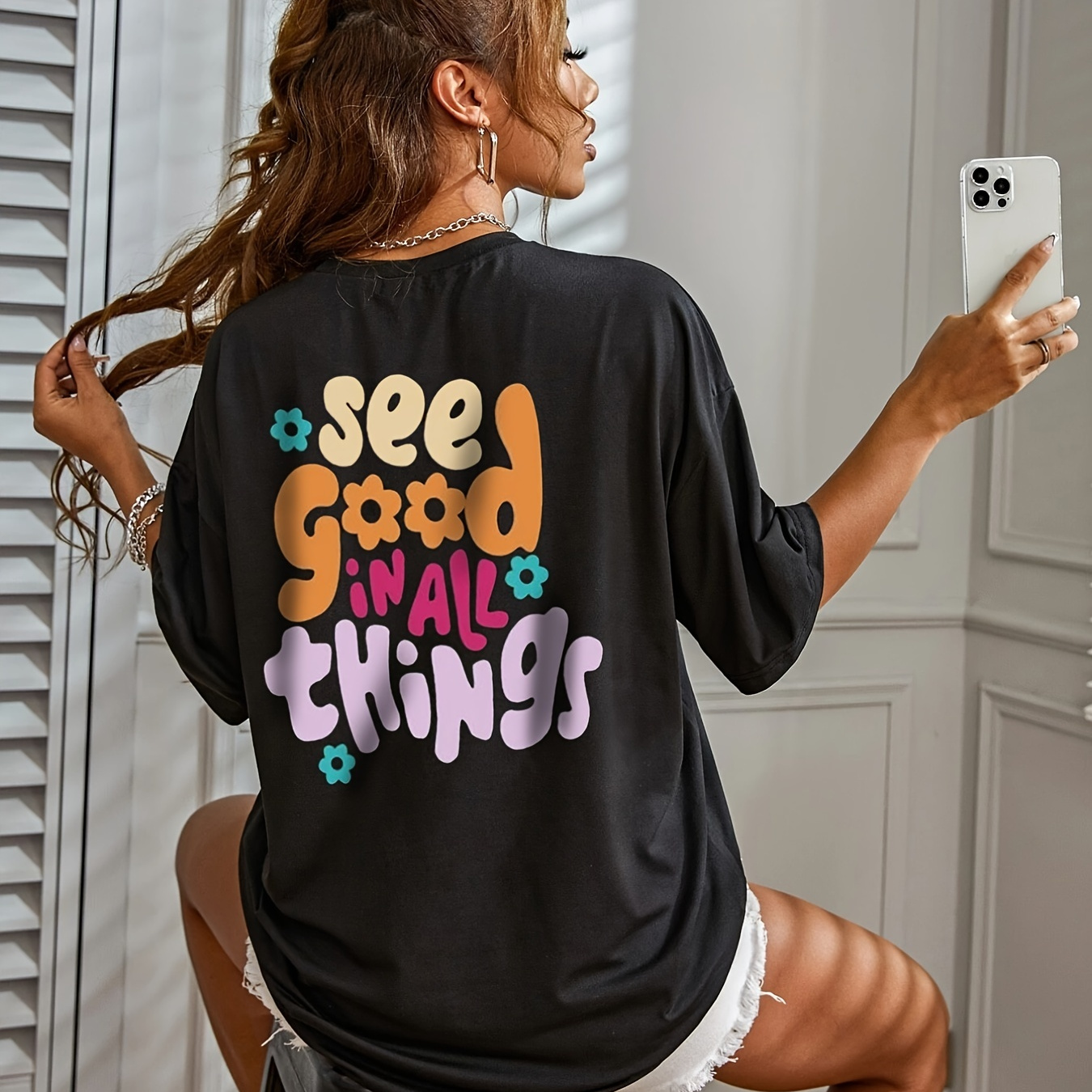 

Colorful Slogan Print Crew Neck T-shirt, Casual Short Sleeve Top For Spring & Summer, Women's Clothing