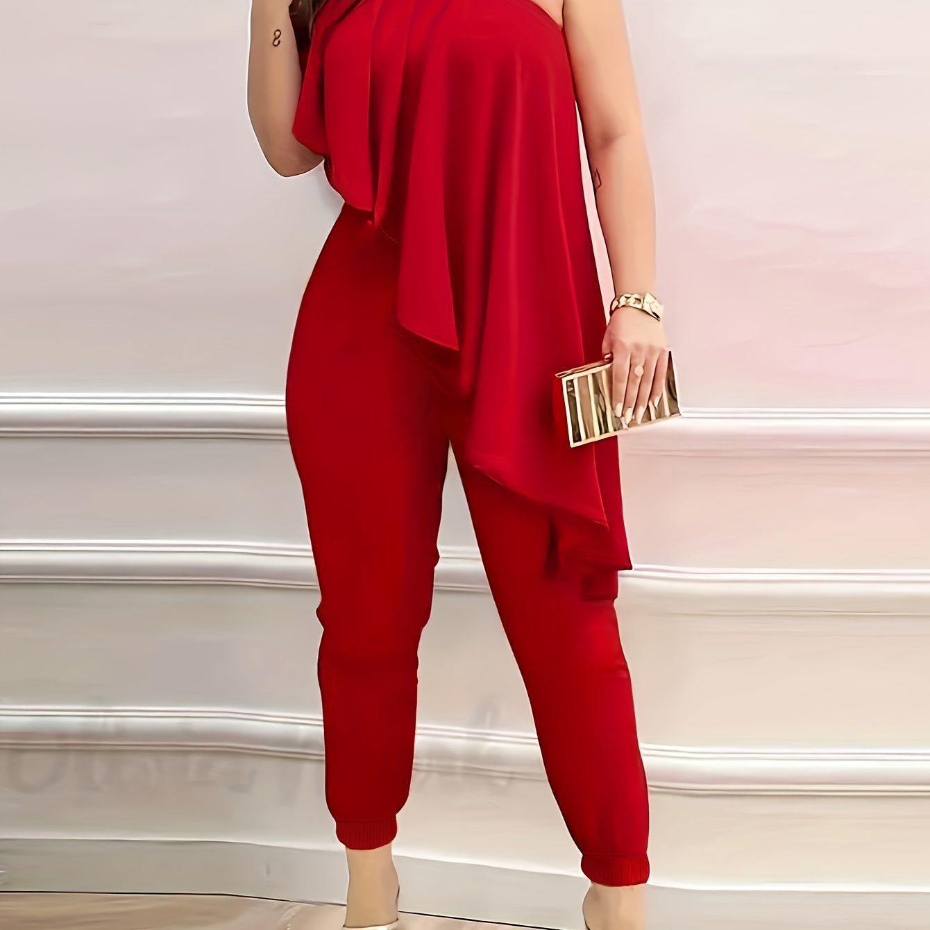 

Solid 1 Shoulder Jumpsuit, Ruffle Asymmetrical Jumpsuit For Spring & Summer, Women's Clothing