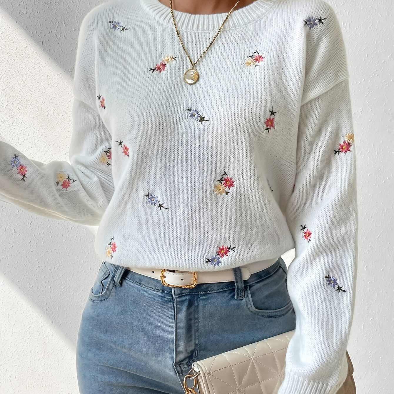 

Floral Pattern Crew Neck Sweater, Elegant Drop Shoulder Long Sleeve Pullover Sweater For Spring & Fall, Women's Clothing
