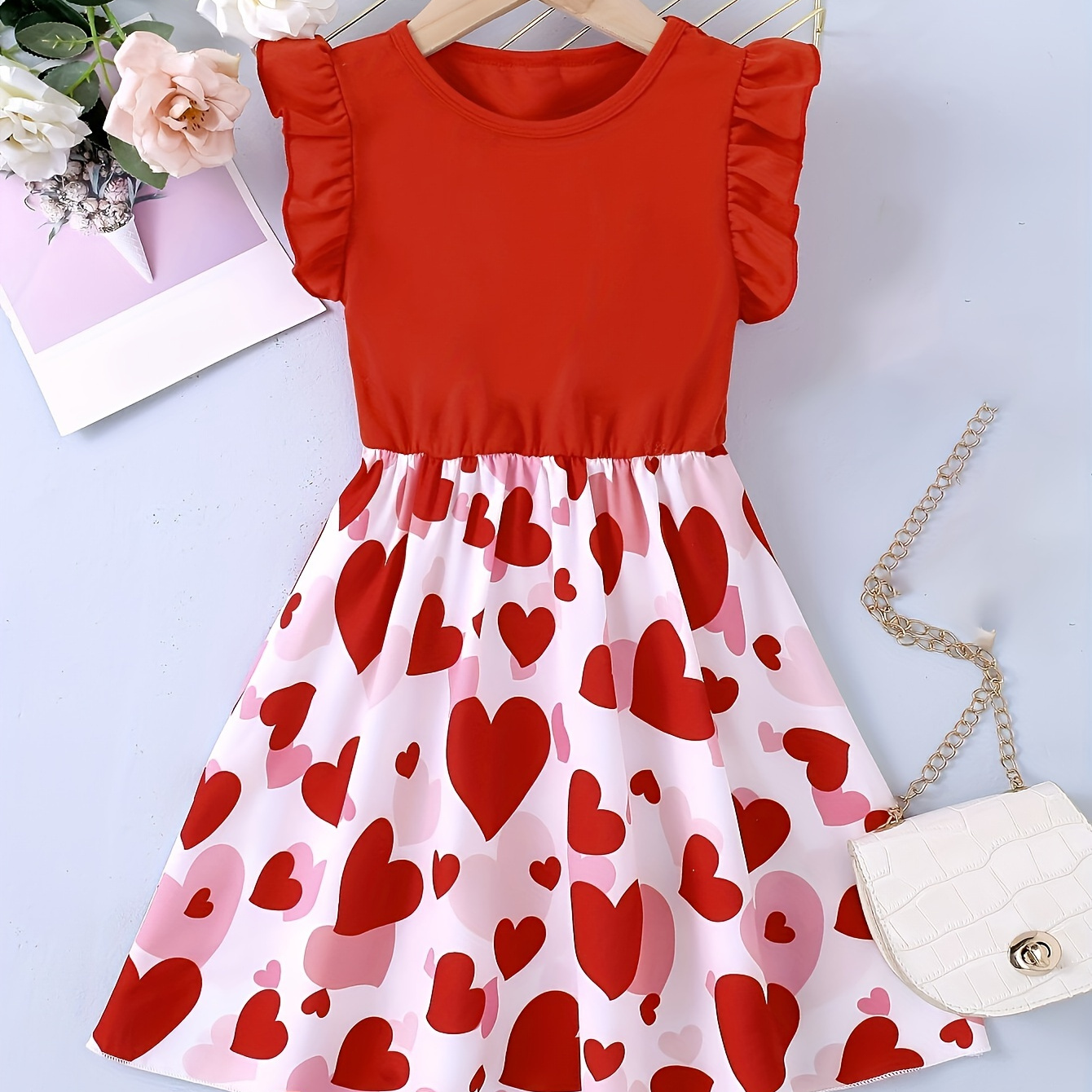 

Elegant Girls Splicing Heart Graphic Ruffle Trim Sleeveless Dress For Summer Valentine's Day Gift