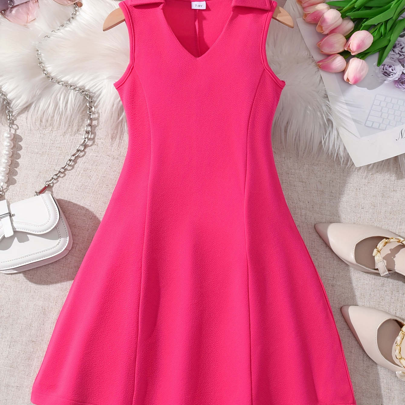 

-neck Solid Lapel Dress For Girls, Comfy Slim Fit Sleeveless Party Holiday Dresses, Girls Clothing Gift