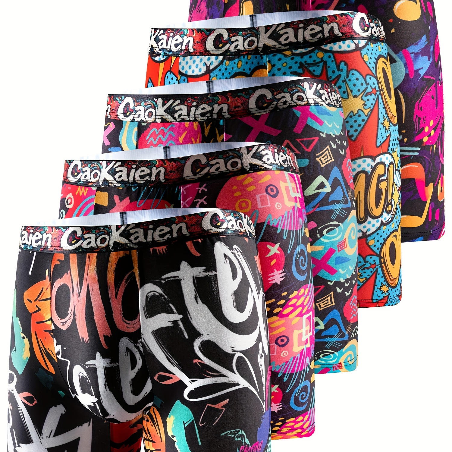 

5pcs Men's Graffiti Print Long Boxer Briefs - Breathable, Stretchy Polyester Underwear