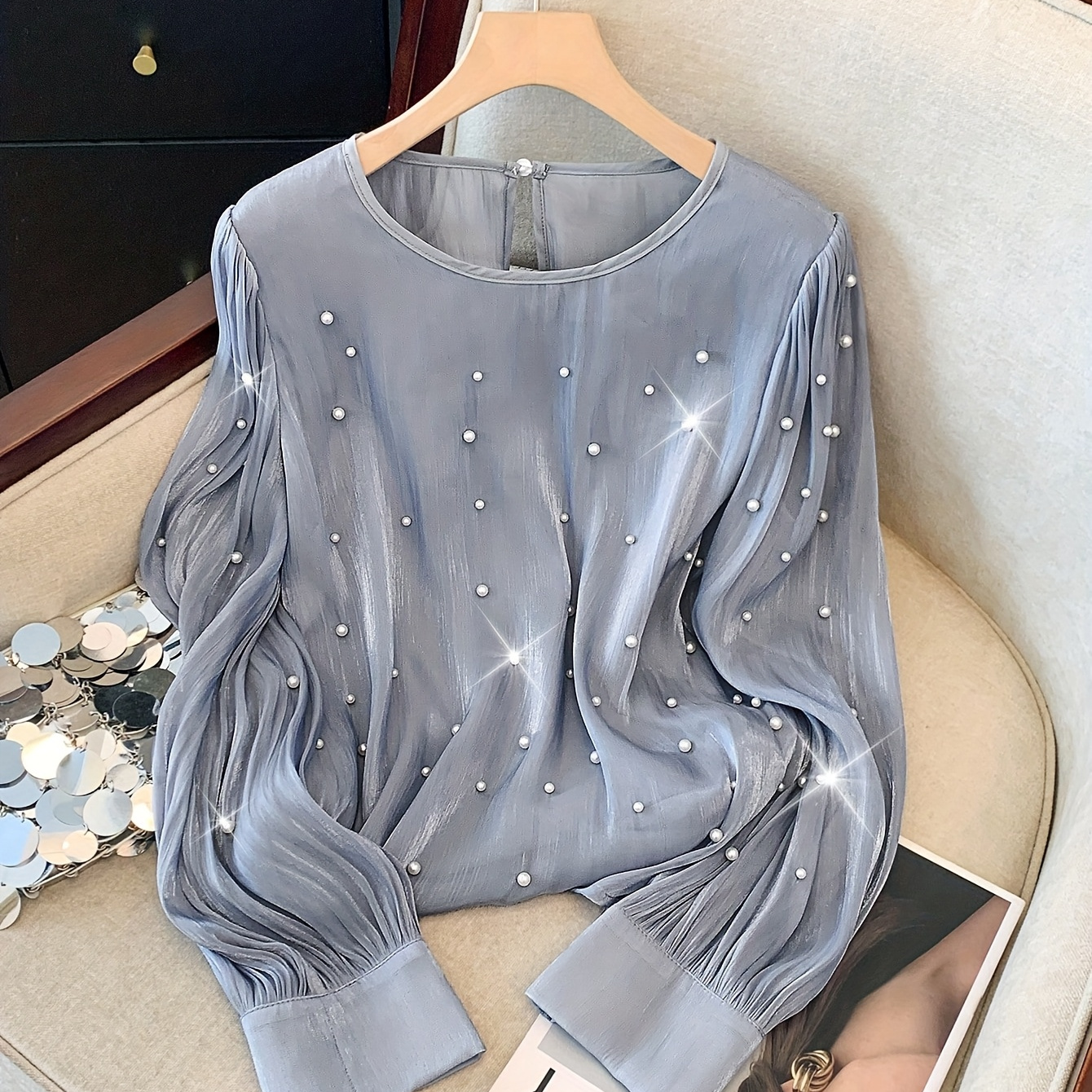 

Women's Luxury Beaded V-neck Blouse - Elegant French Style, Long Sleeve, Polyester, Machine Washable, Ideal For Spring/fall Fashion Events