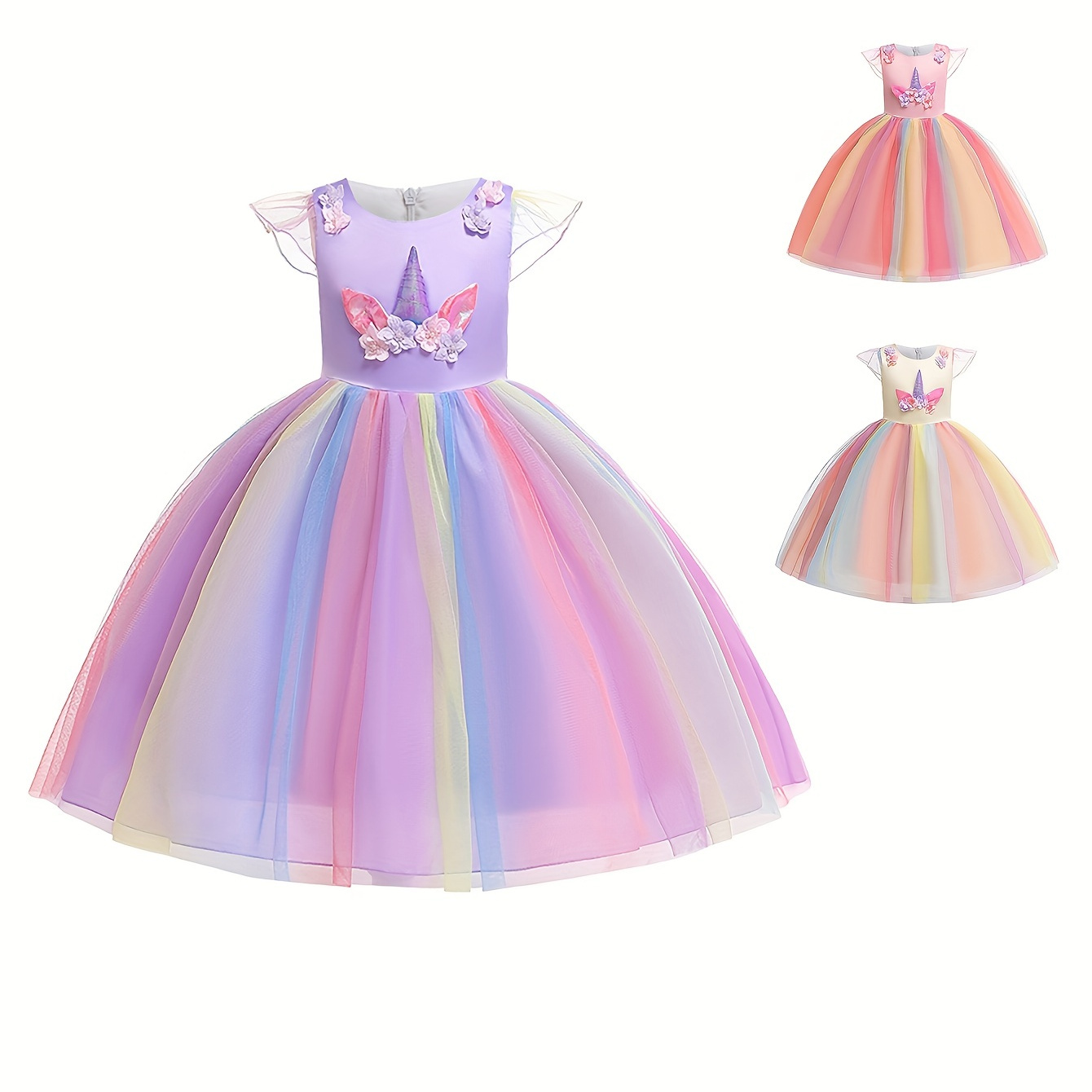 Girls Unicorn Mesh Princess Dress, Formal Party Dress Christmas Dress