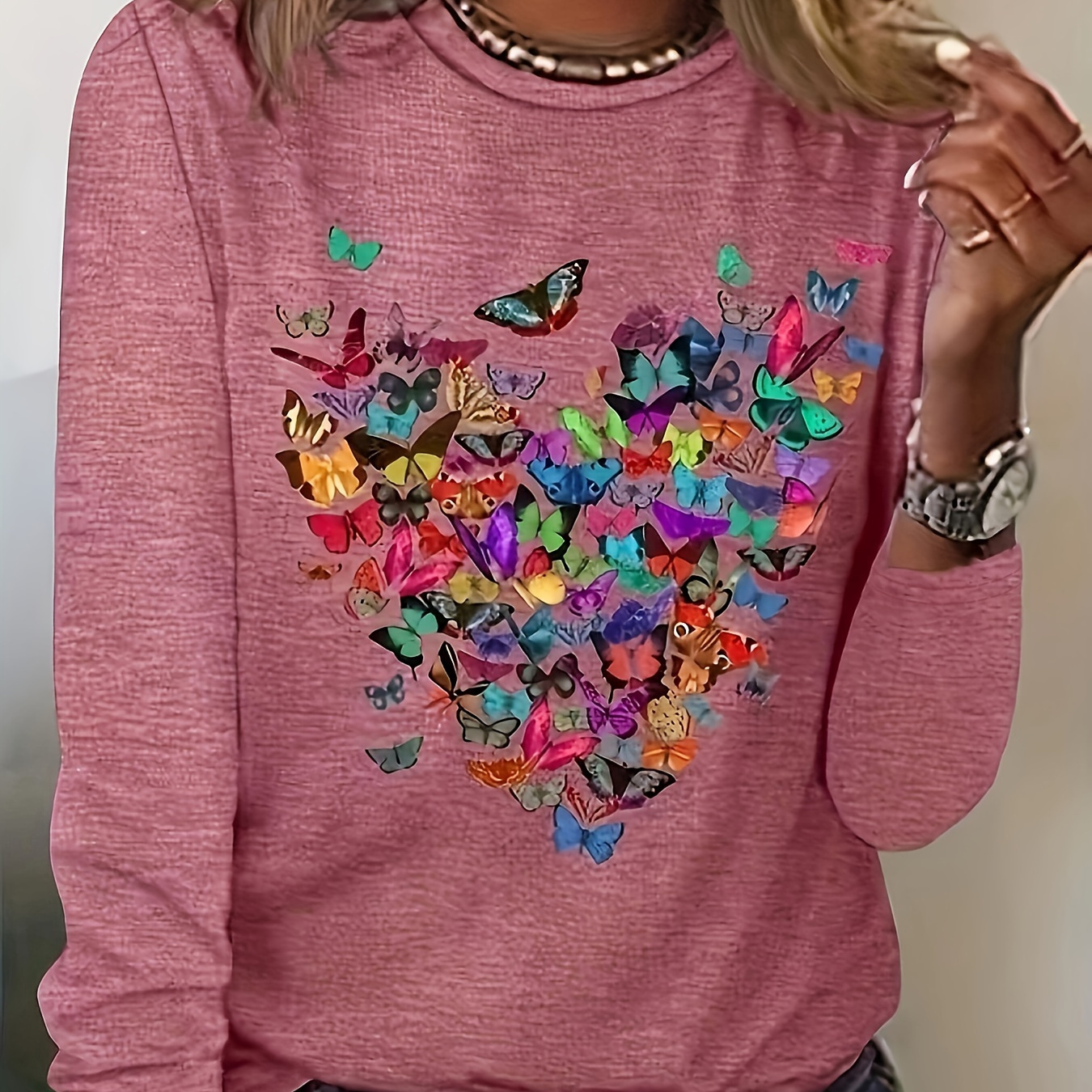 

Butterfly Print Crew Neck T-shirt, Casual Long Sleeve T-shirt For Spring & Fall, Women's Clothing
