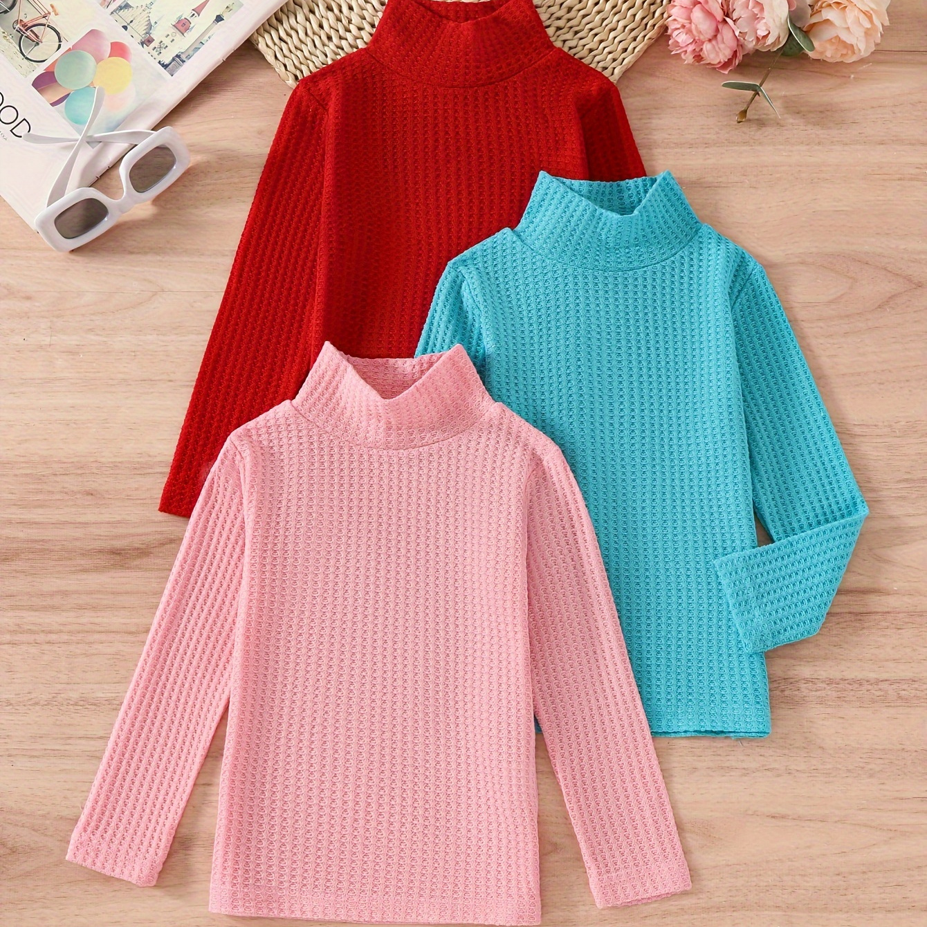 

3pcs Hauts à Col Roulé et Confortables pour Filles - Style , Multicolore, Extensible & Chaud pour /Hiver