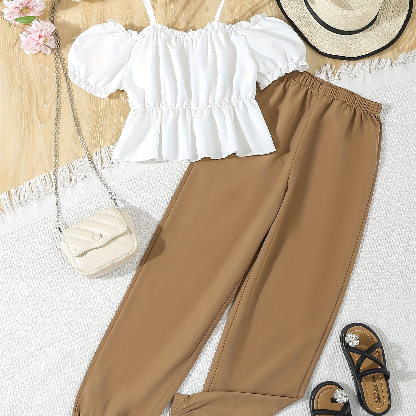 

2pcs, Off-shoulder Blouse + Solid Pants Teen Girls Outfit 1 Set - Ideal For Summer & Casual Outdoor Activities