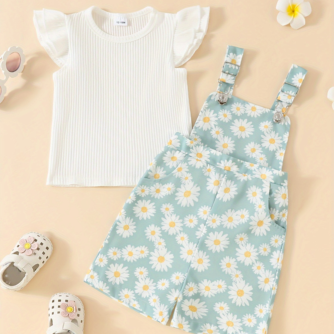 

Baby's Cartoon Daisy Pattern 2pcs Casual Summer Outfit, Ribbed Cap Sleeve Top & Jumpsuit Set, Toddler & Infant Girl's Clothes For Daily/holiday/party