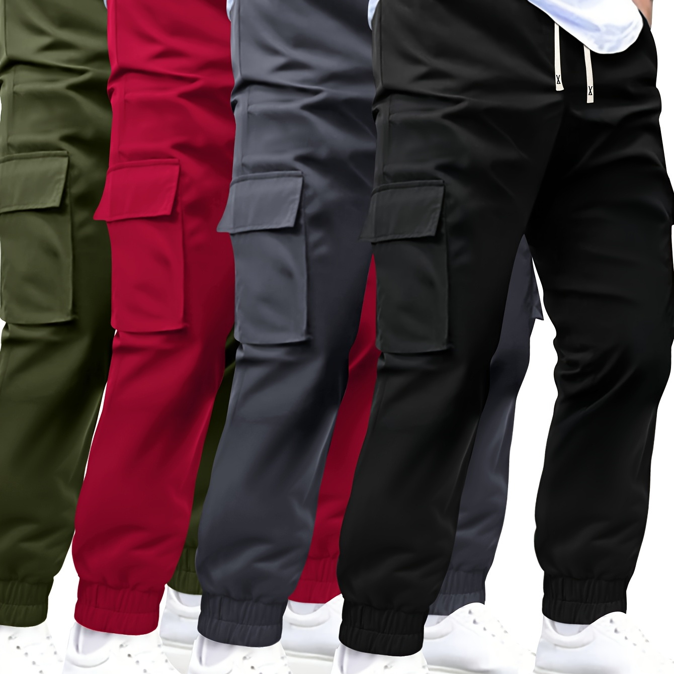 

4pcs Men' Color Cargo Pants - Casual Multi-pocket Workwear, Polyester, Machine Washable