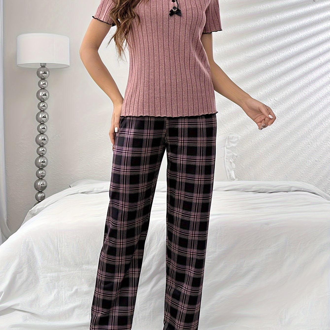

Women's Plaid Print Casual Pajama Set, Short Sleeve Round Neck Half Button Frill Trim Top & Pants, Comfortable Relaxed Fit, Summer Nightwear