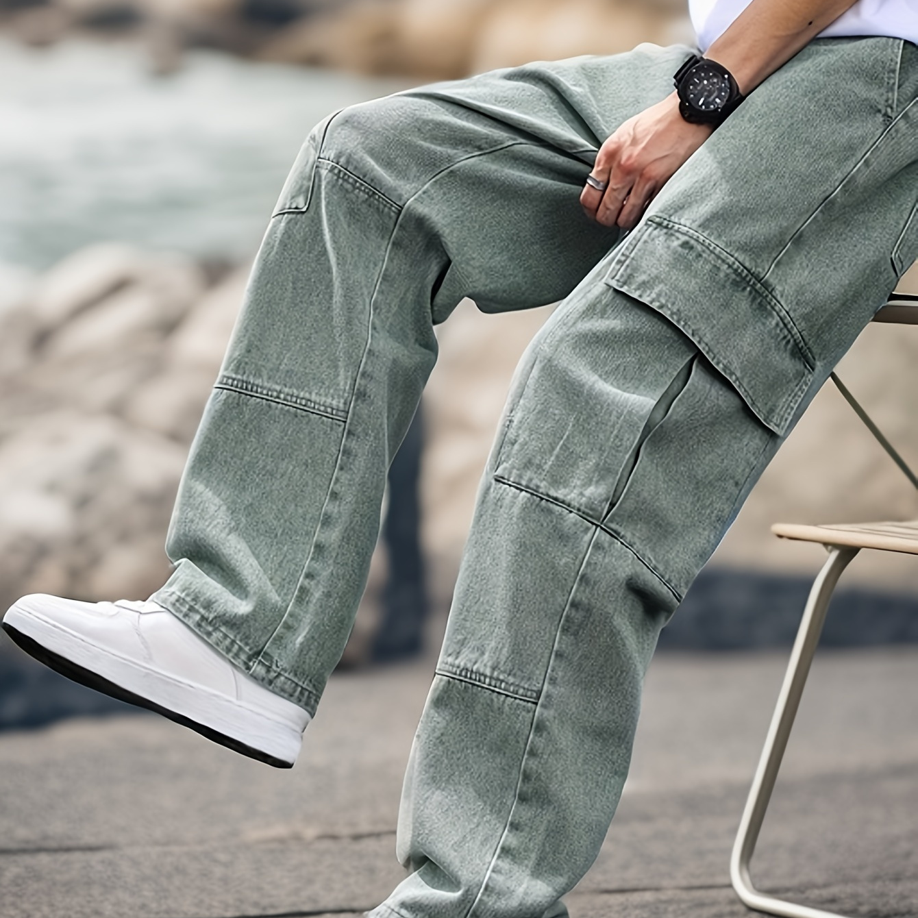 

Men's Loose Fit Wide Leg Jeans With Pockets, Men's Stylish Comfy Denim Pants, Street Style Fashion