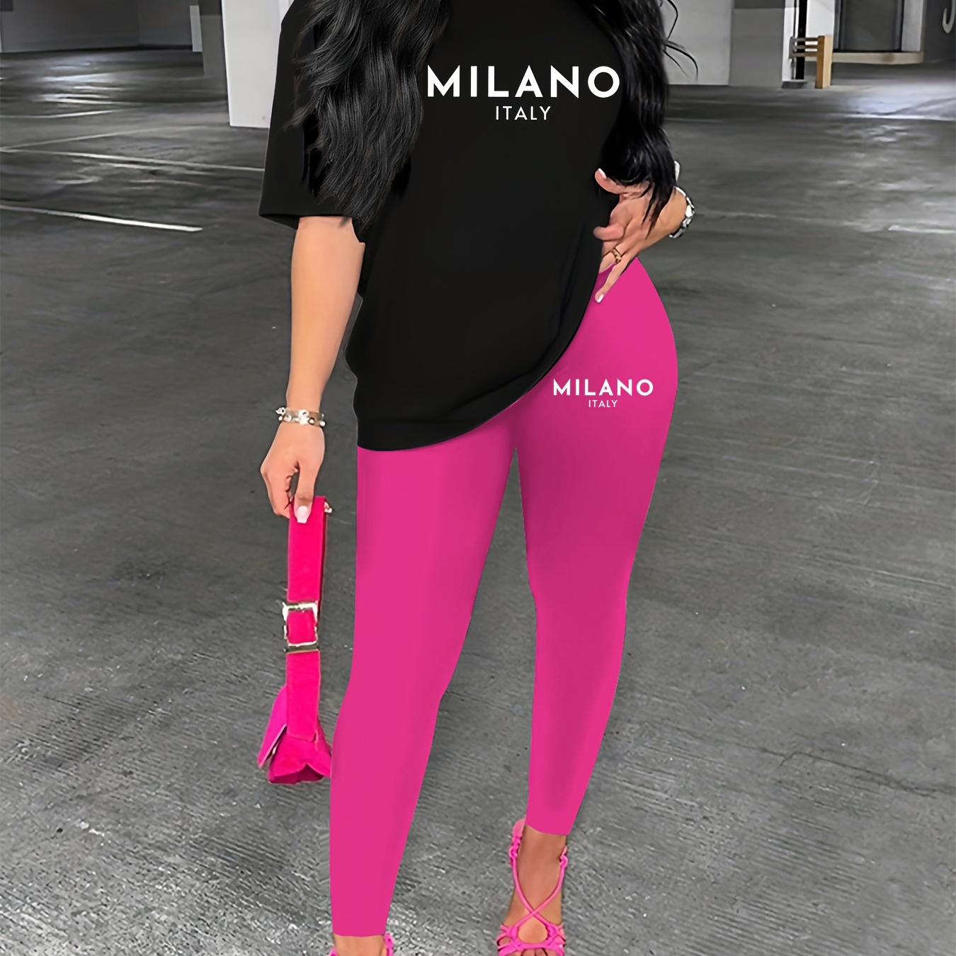 

Milano Print Casual 2 Piece Set, Short Sleeve Crew Neck T-shirt & Leggings Outfits, Women's Clothing