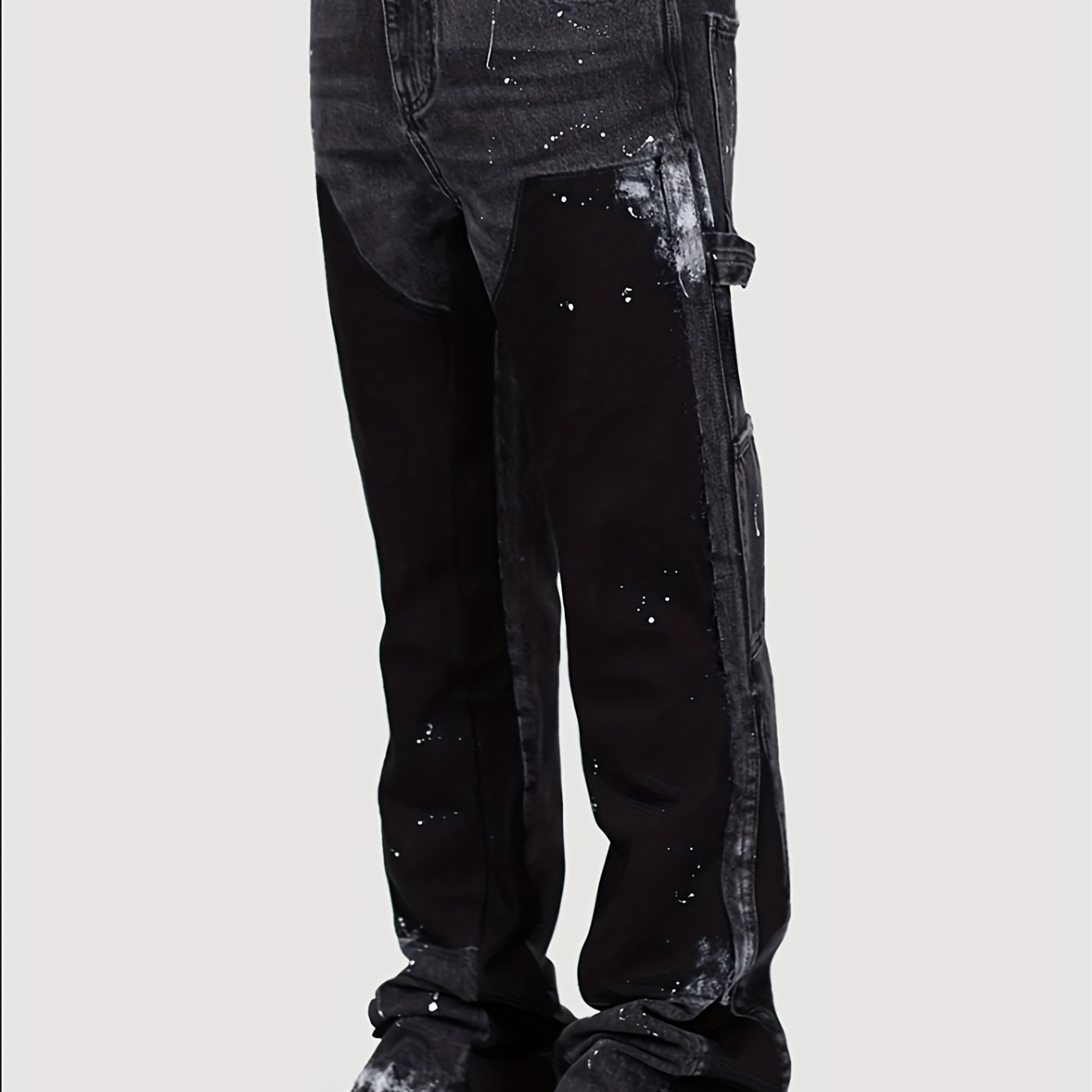 

Men's Colorful Ink Denim Cargo Pants, Fashion Patched Denim Stacked Flared Pants, Street Style, All Seasons